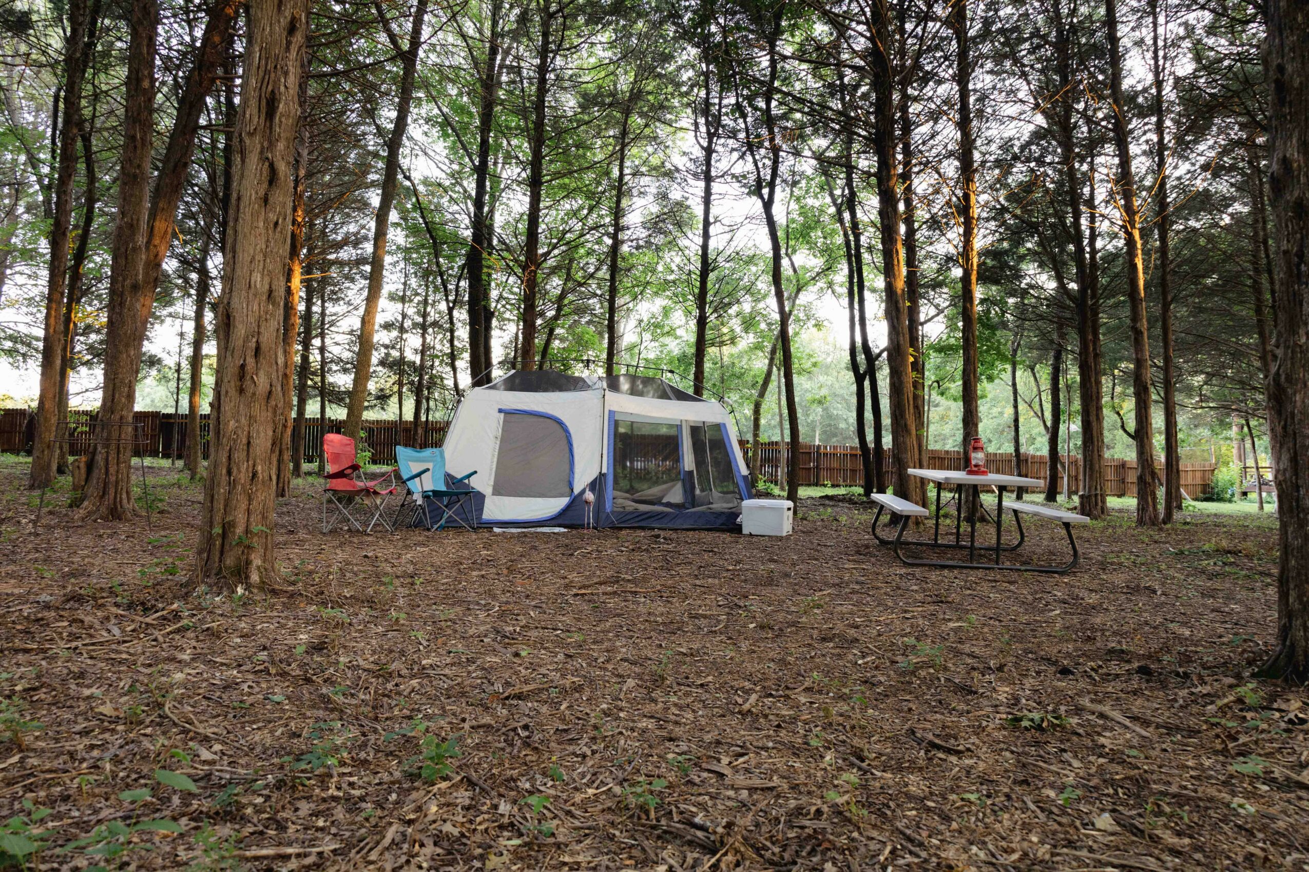 Camping tent set up in a forest with trees, picnic tables, and chairs nearby.