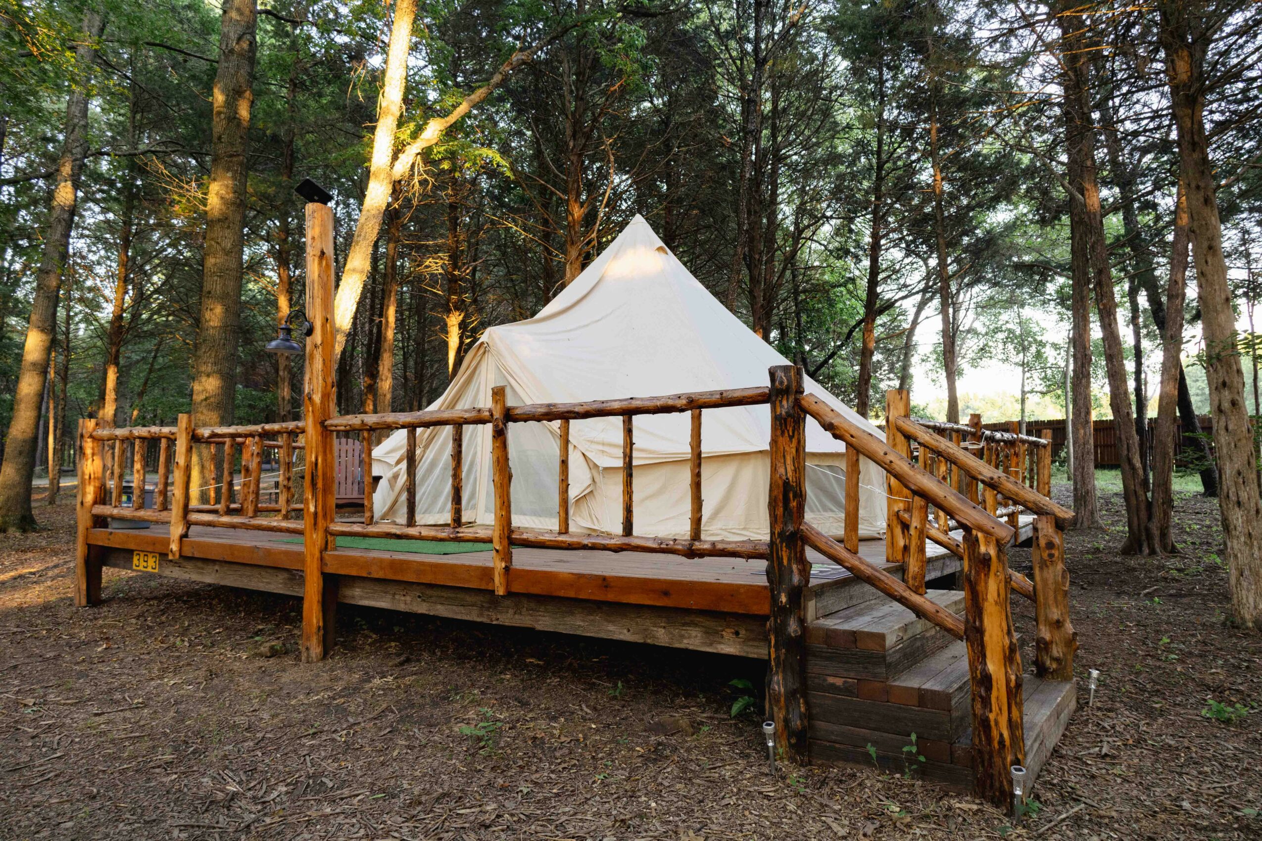 Wooden platform with a white tent in a forest setting, surrounded by trees and natural ground.