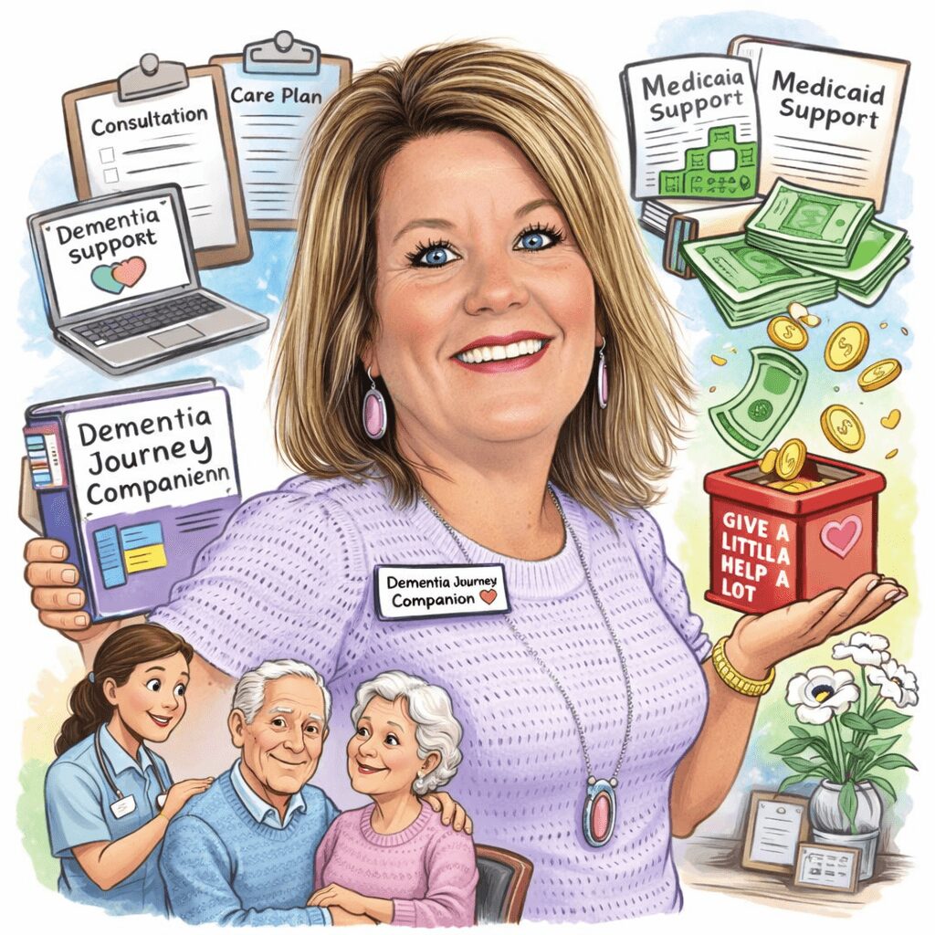 Woman with a name tag surrounded by healthcare documents, money, and elderly people in a caregiving setting.