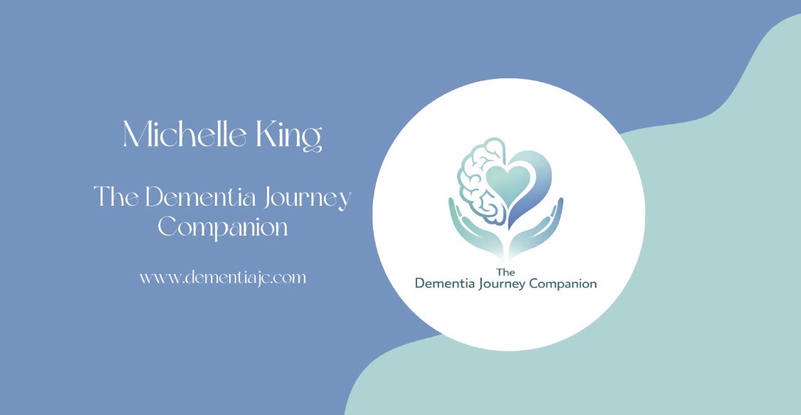 Logo with a heart, brain, and hands, and text about Michelle King and Dementia Journey Companion.