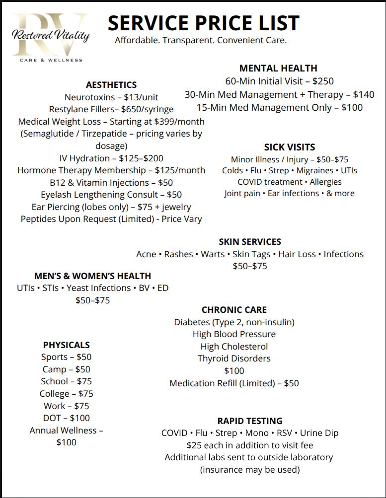Service price list with categories for aesthetics, mental health, sick visits, skin services, men's and women's health, chronic care, physicals, wellness, and rapid testing.