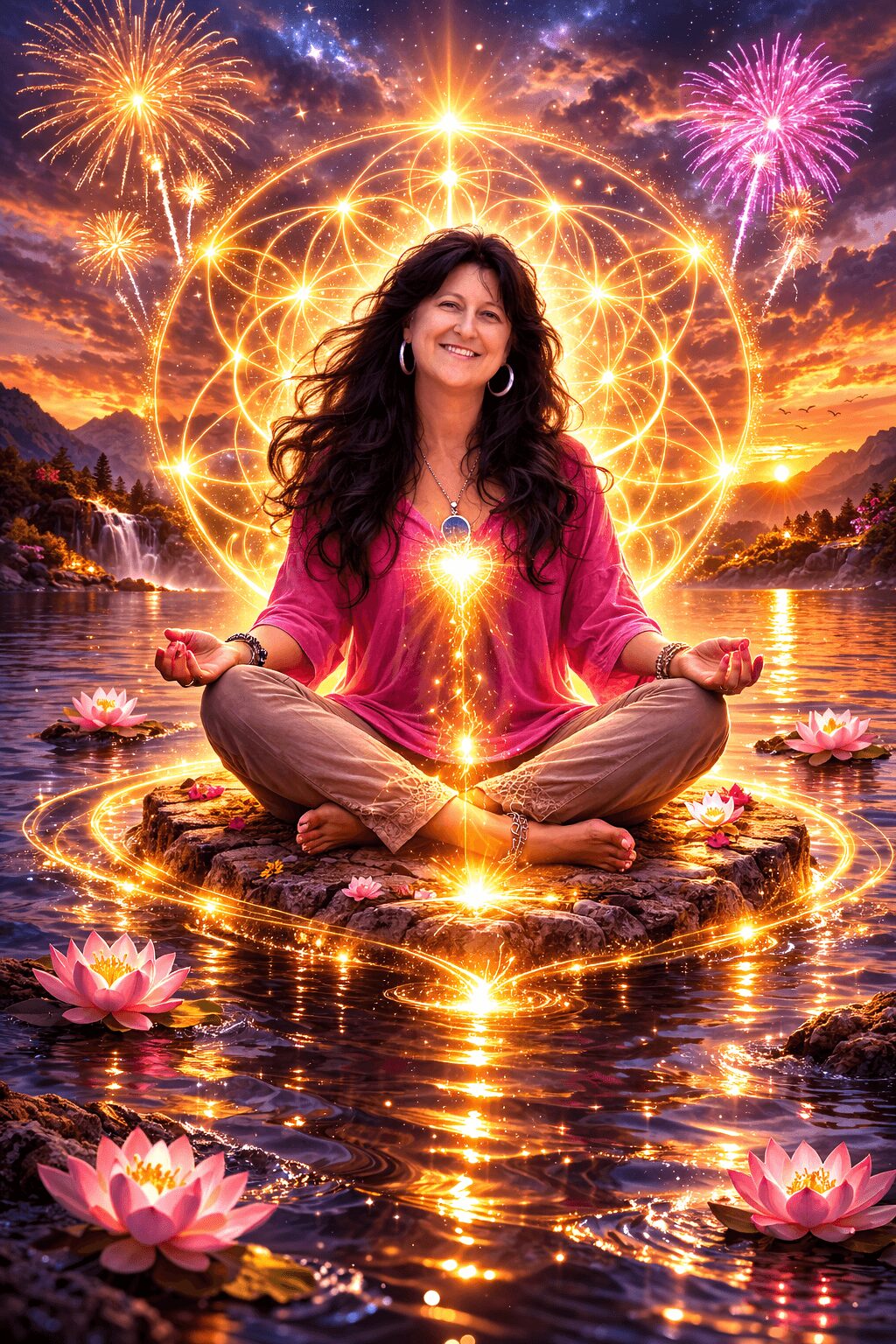 Woman meditating on a floating platform surrounded by glowing circles, fireworks, and pink lotus flowers on water at sunset.