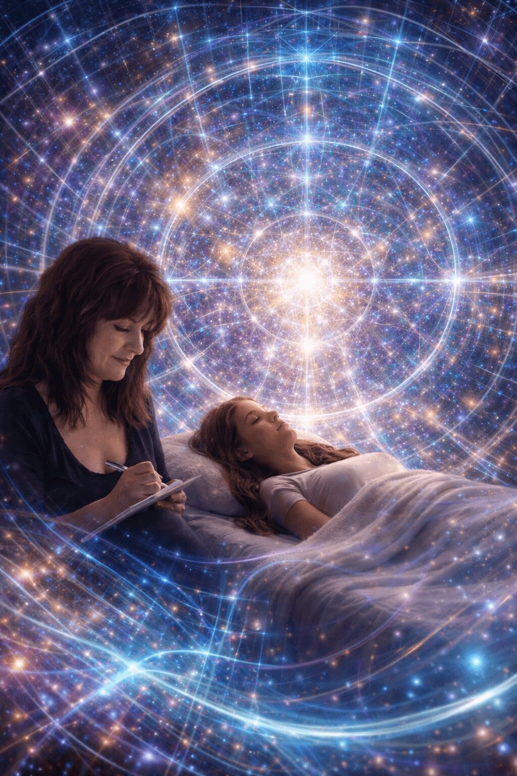 A woman writes in a notebook while a girl lies in bed with a cosmic, starry background behind them.