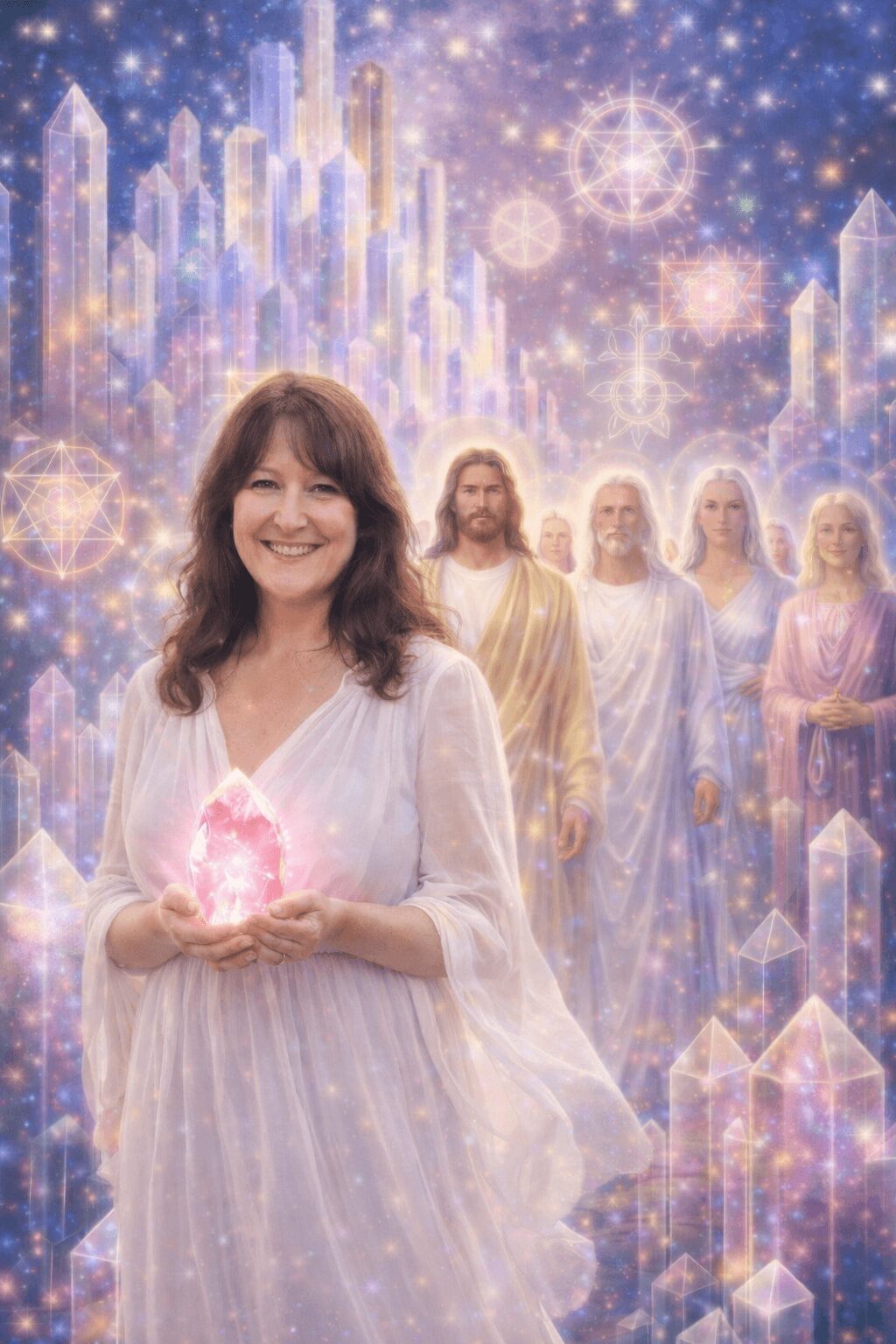 Woman in white dress holding glowing pink crystal, surrounded by ethereal figures and sparkling cityscape background.
