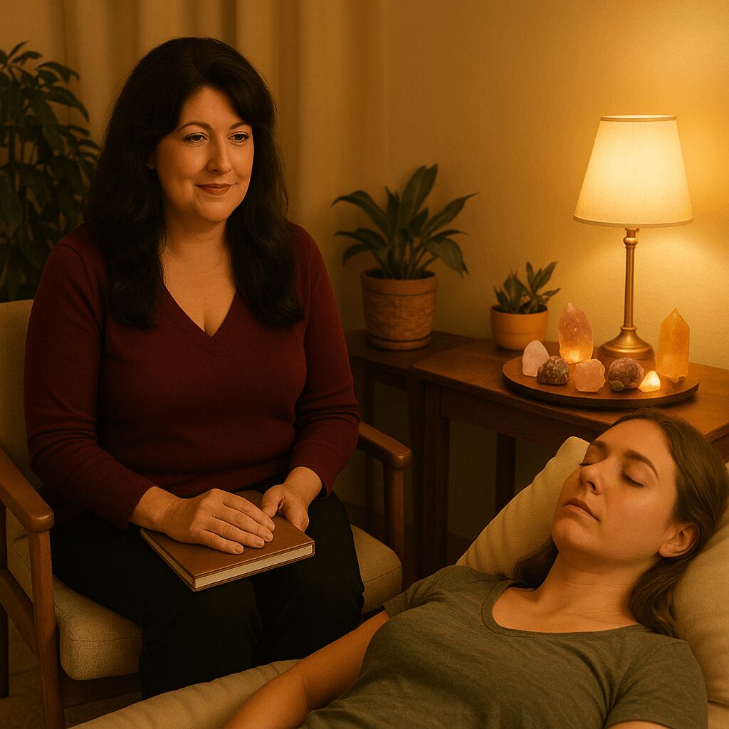 Woman sitting with a notebook, woman lying on a bed, warm lighting, plants, lamp, and crystals in background.