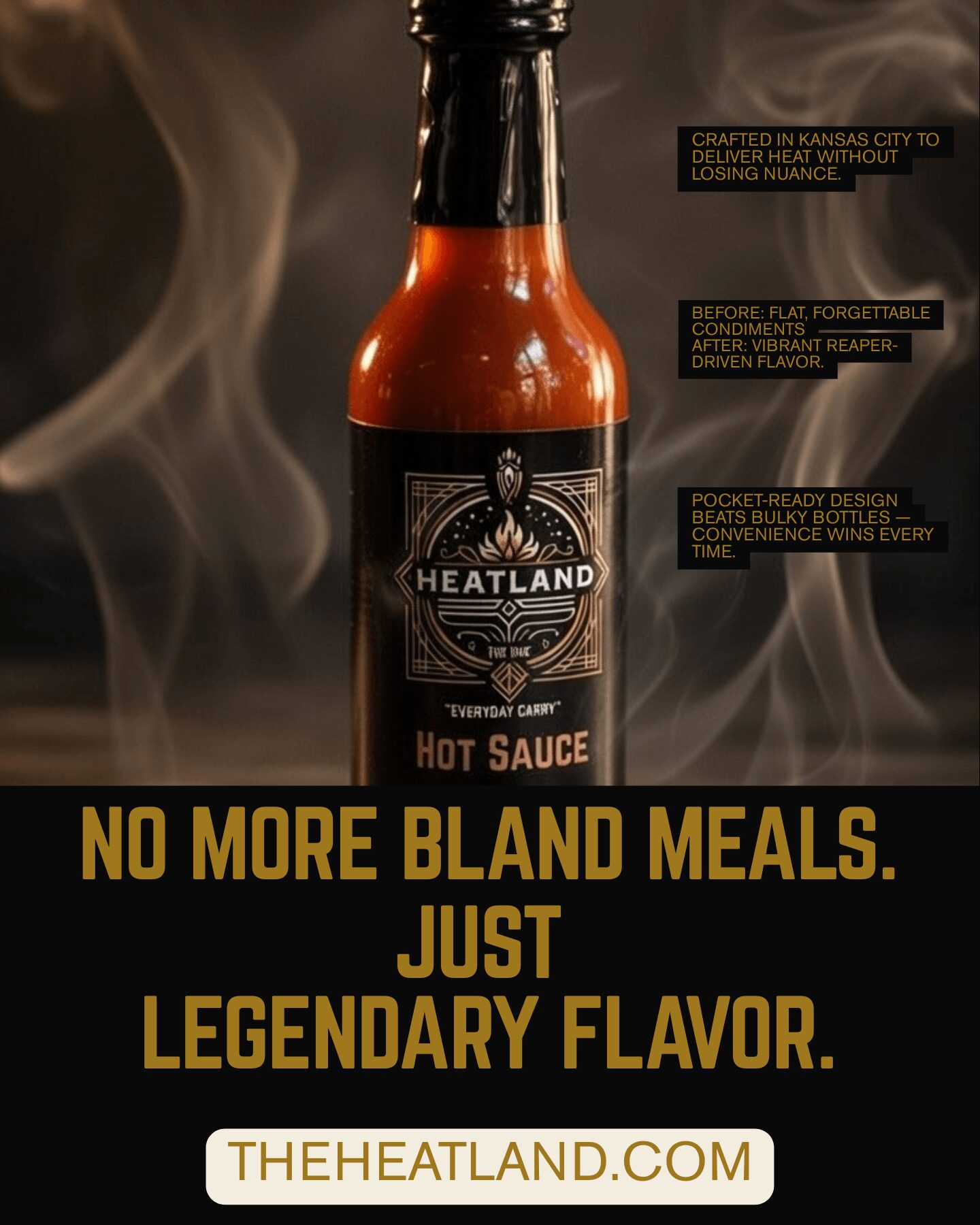 Bottle of Heatland hot sauce with steam and text highlighting flavor and website.