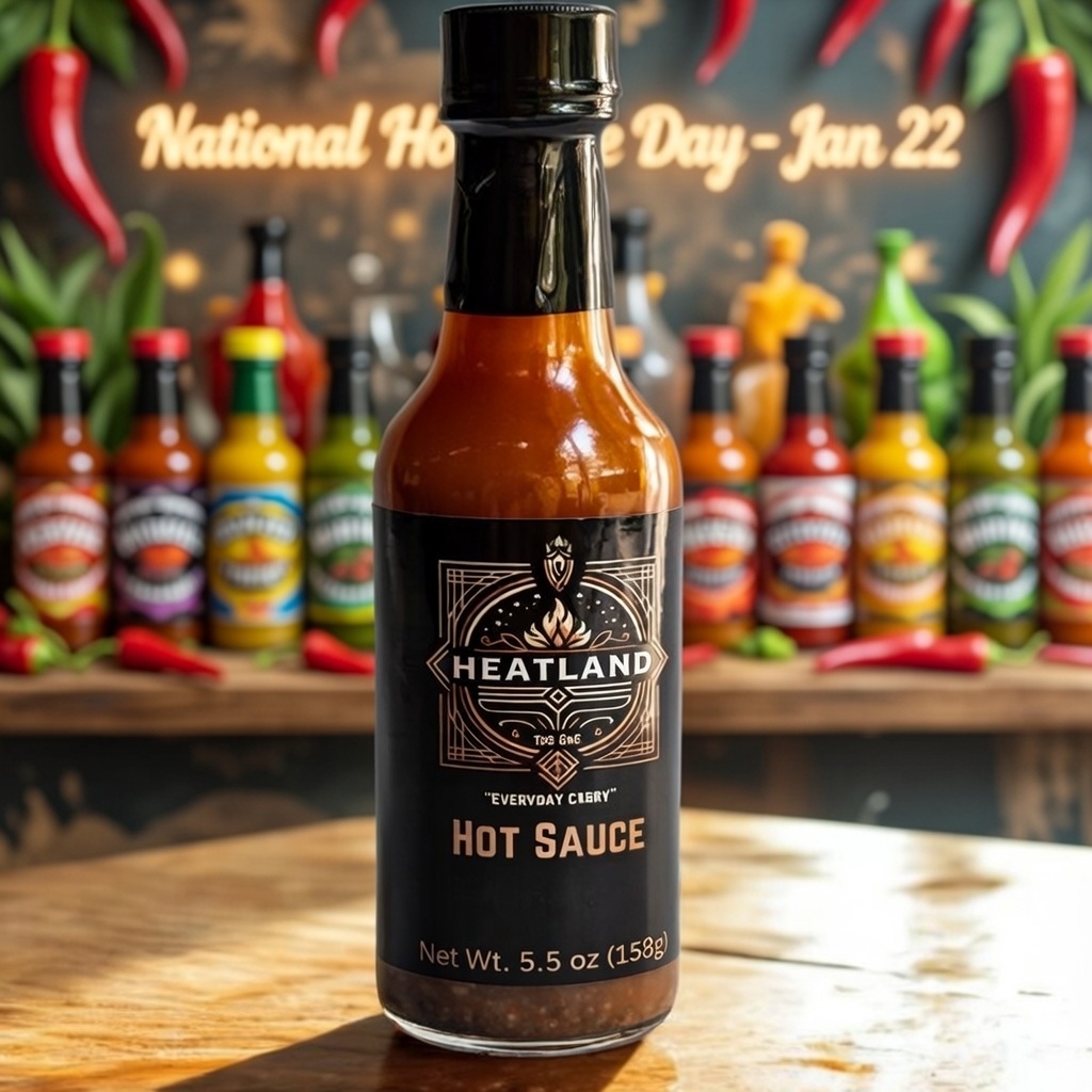 Bottle of Heatland Hot Sauce on wooden surface with colorful bottles and chili peppers in background.