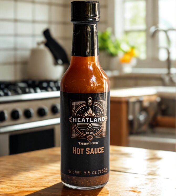 Bottle of Heatland hot sauce on a wooden kitchen table with stove and window in background.