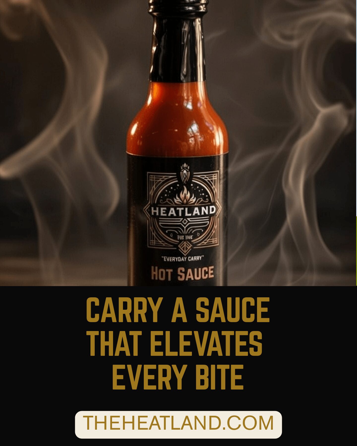 Bottle of hot sauce with steam rising, black label, and text below about carrying a sauce that elevates every bite.