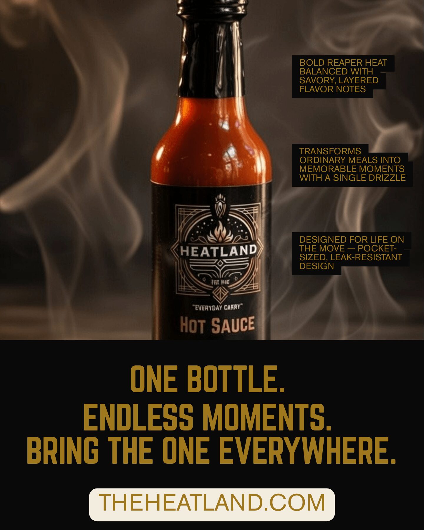 Bottle of Heatland hot sauce with smoke, labels, and text promoting flavor and design, and website URL at bottom.