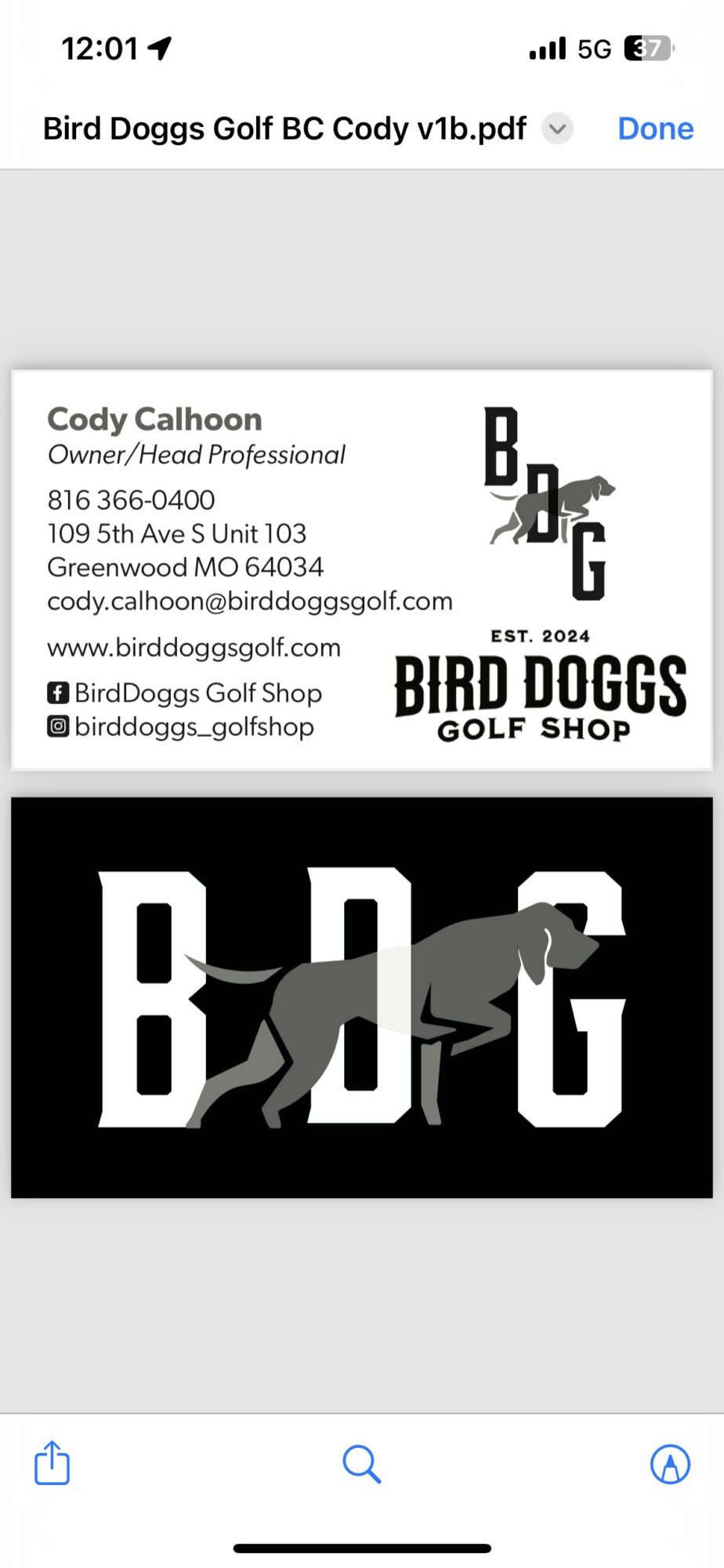 Black and white logo with the words Bird Doggs Golf Shop and a dog silhouette.