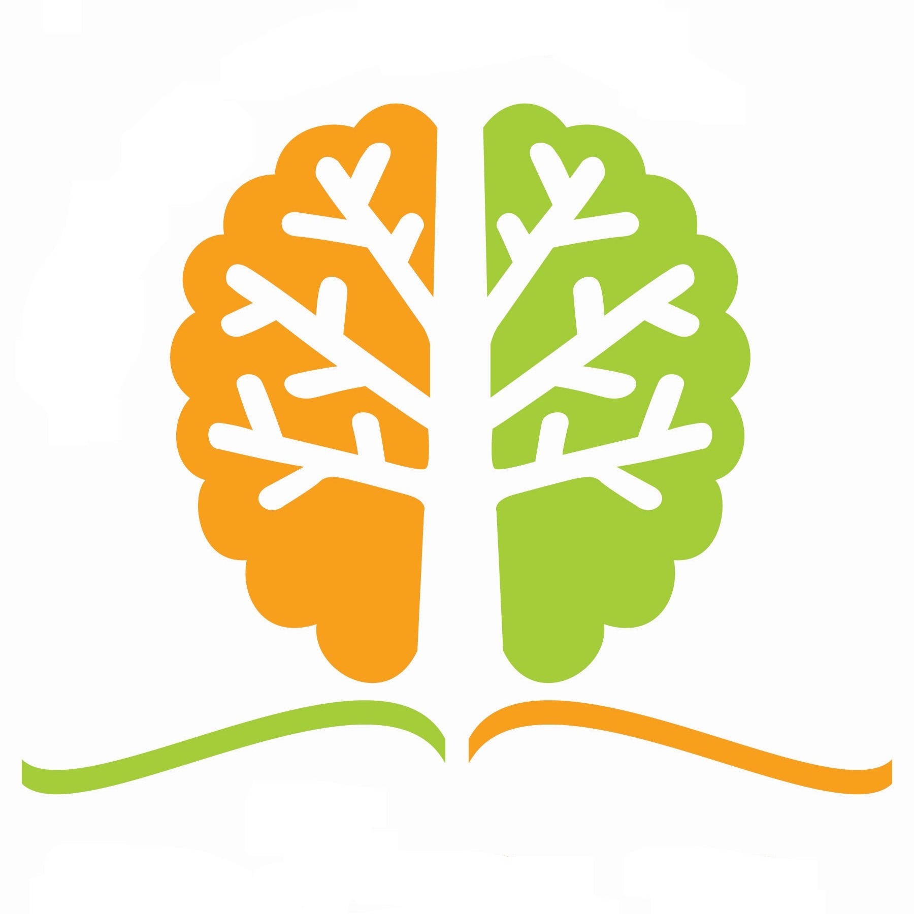 Stylized tree with orange and green halves, and a curved line below, on a white background.