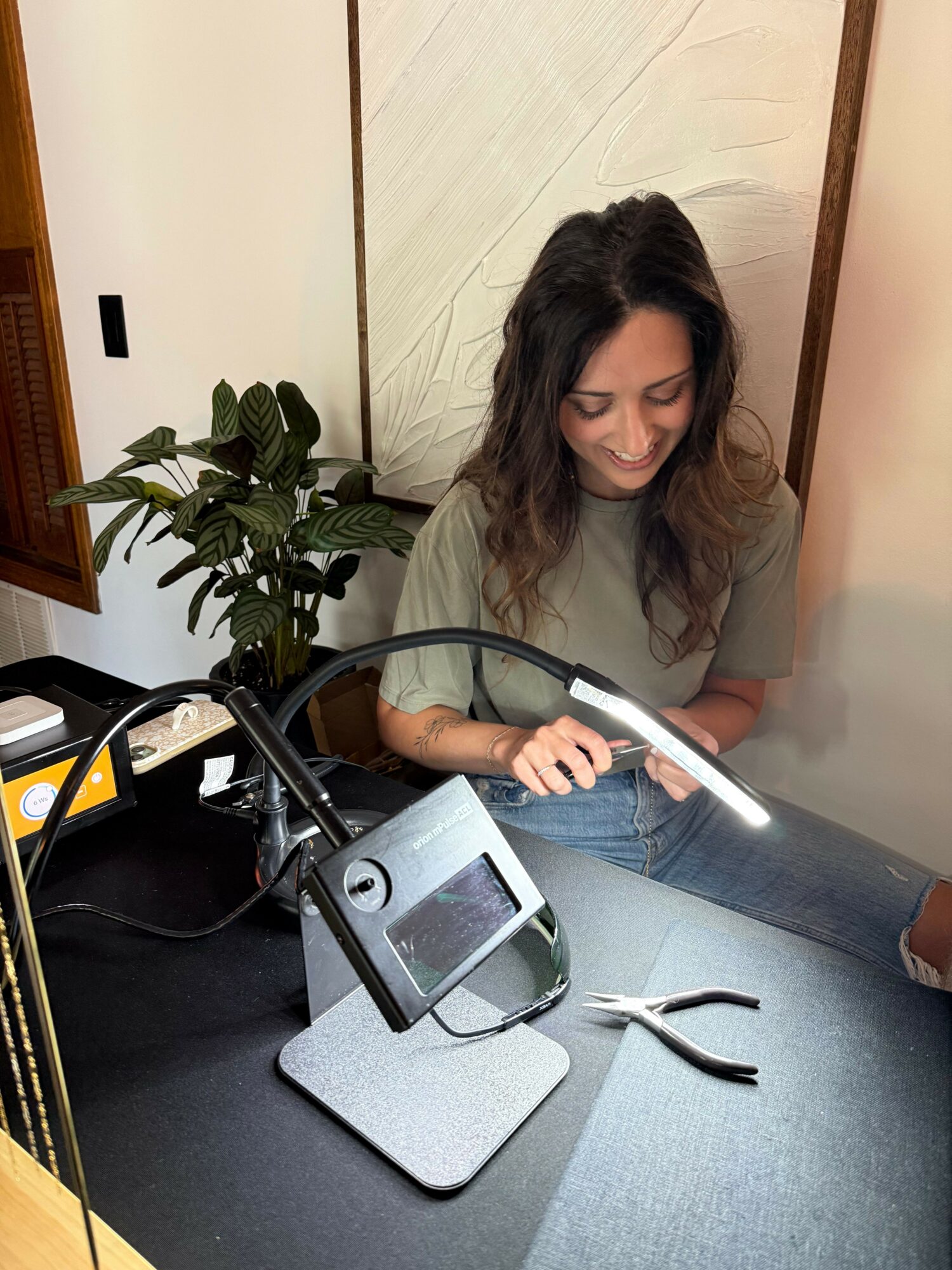 Woman with long hair looking at a tablet, sitting at a desk with a plant and electronic devices.