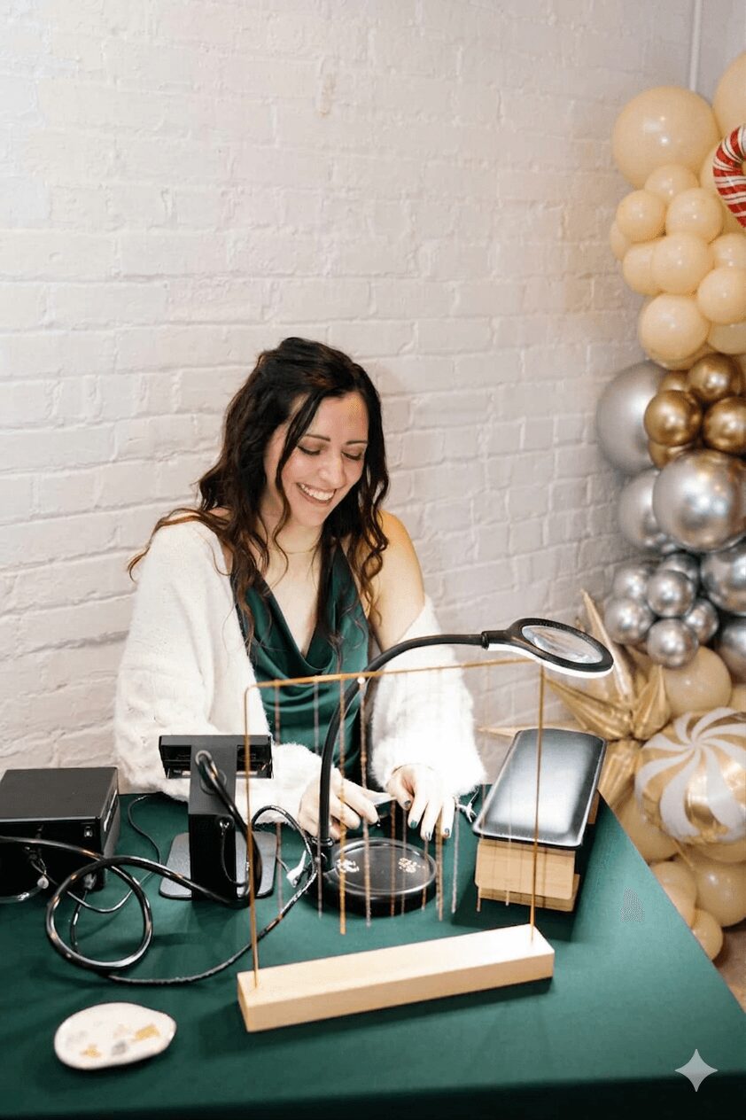Woman smiling at a table with electronic devices and a balloon decoration in the background.