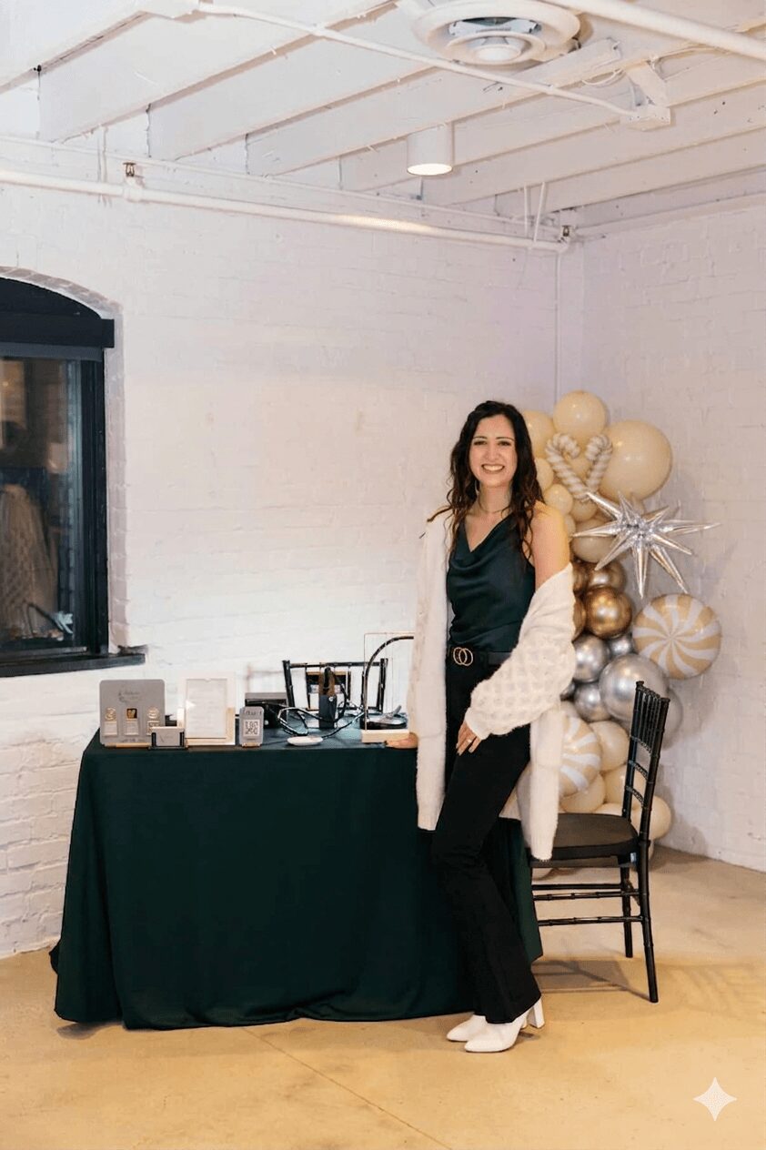 Woman standing next to a table with balloons and decorations in a room with white walls and ceiling.