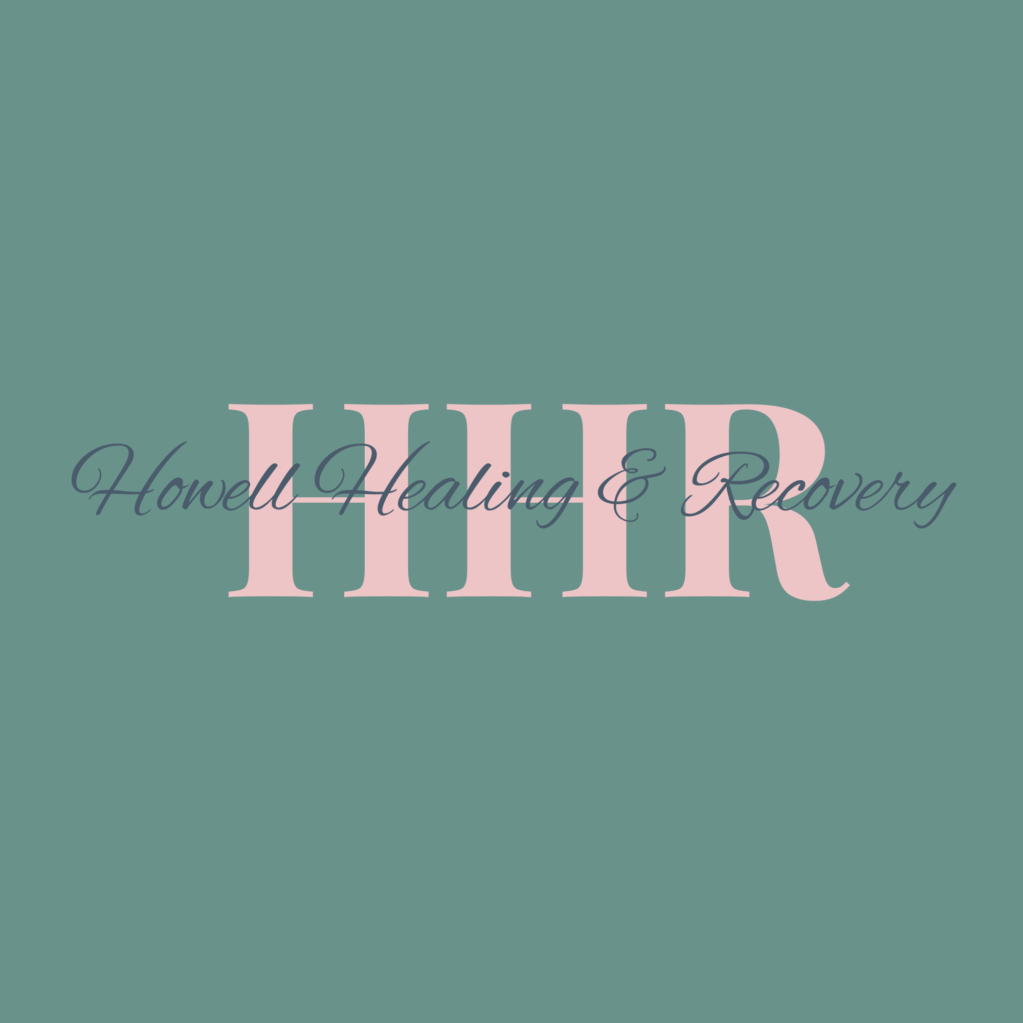 Text reading 'Howell Healing & Recovery' with large pink letters 'HH&R' on a green background.