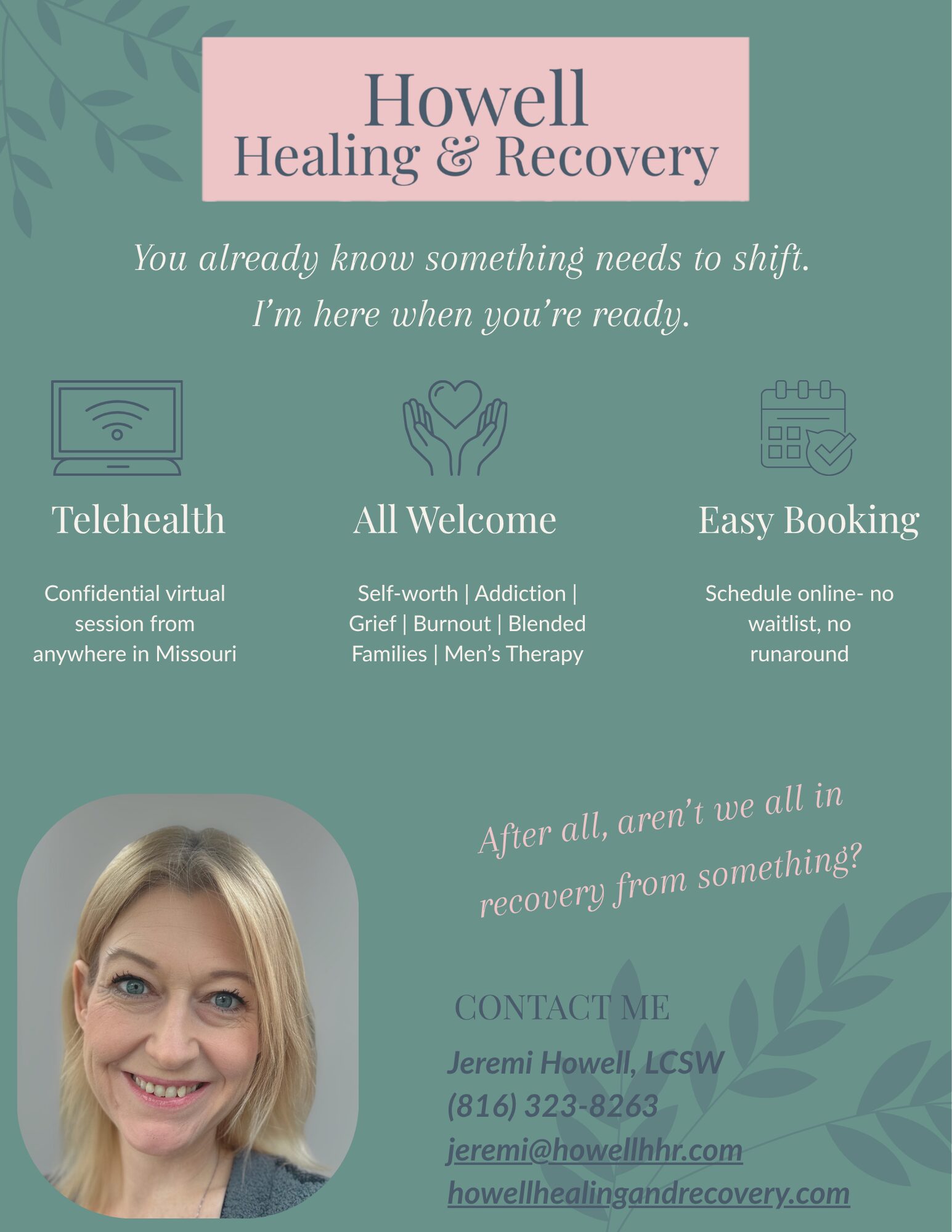 Flyer for Howell Healing & Recovery featuring a smiling woman, contact info, and service descriptions.