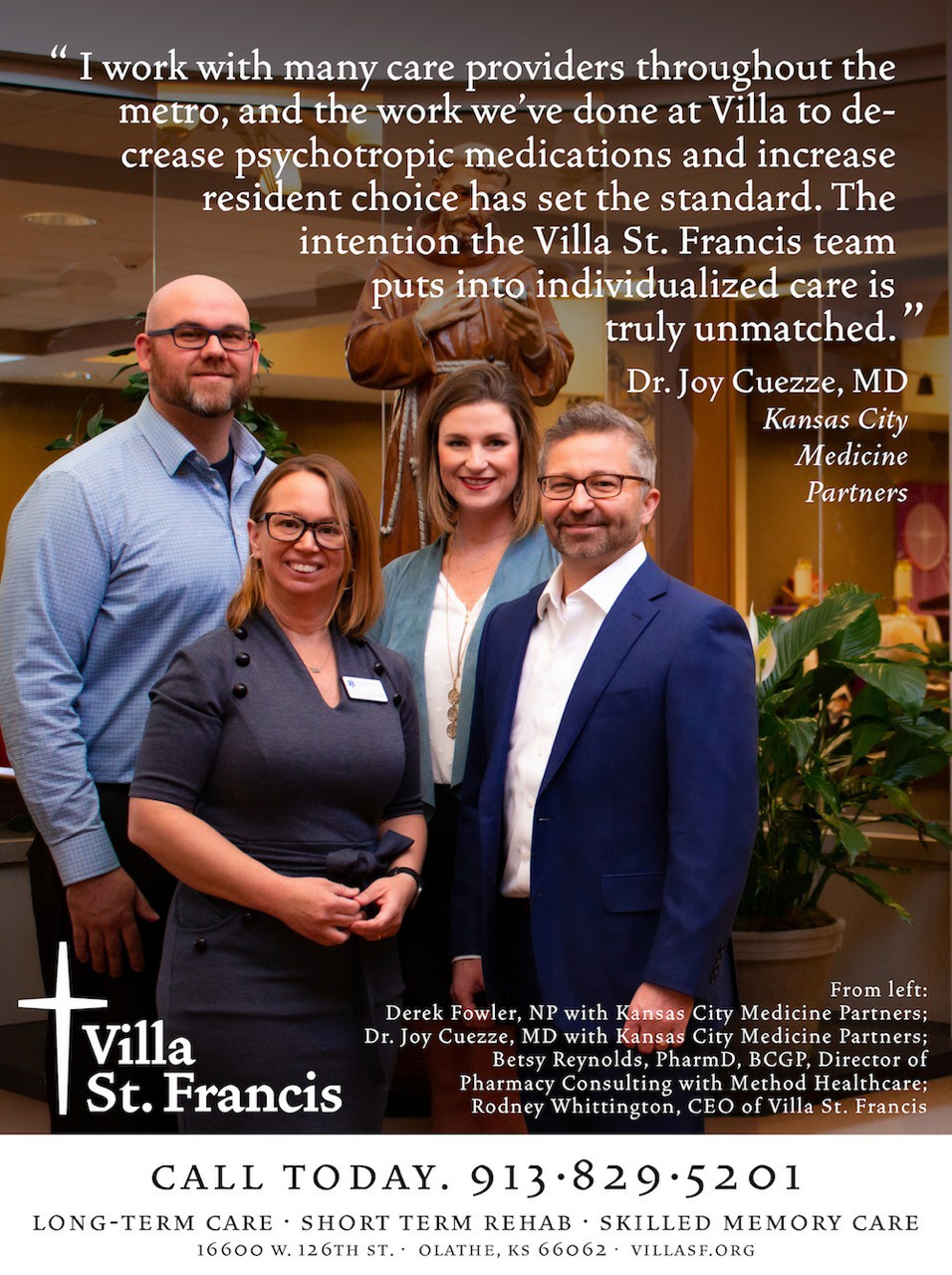 Group of five healthcare professionals standing indoors, smiling, with a quote about care providers and a church setting in the background.