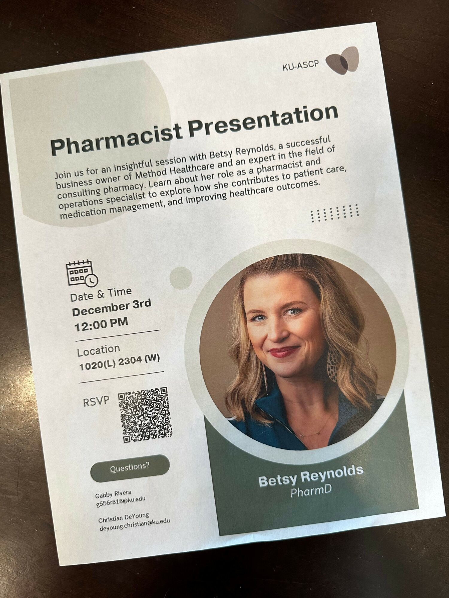 Pharmacist presentation flyer with a photo of a woman smiling, event details, and a QR code.