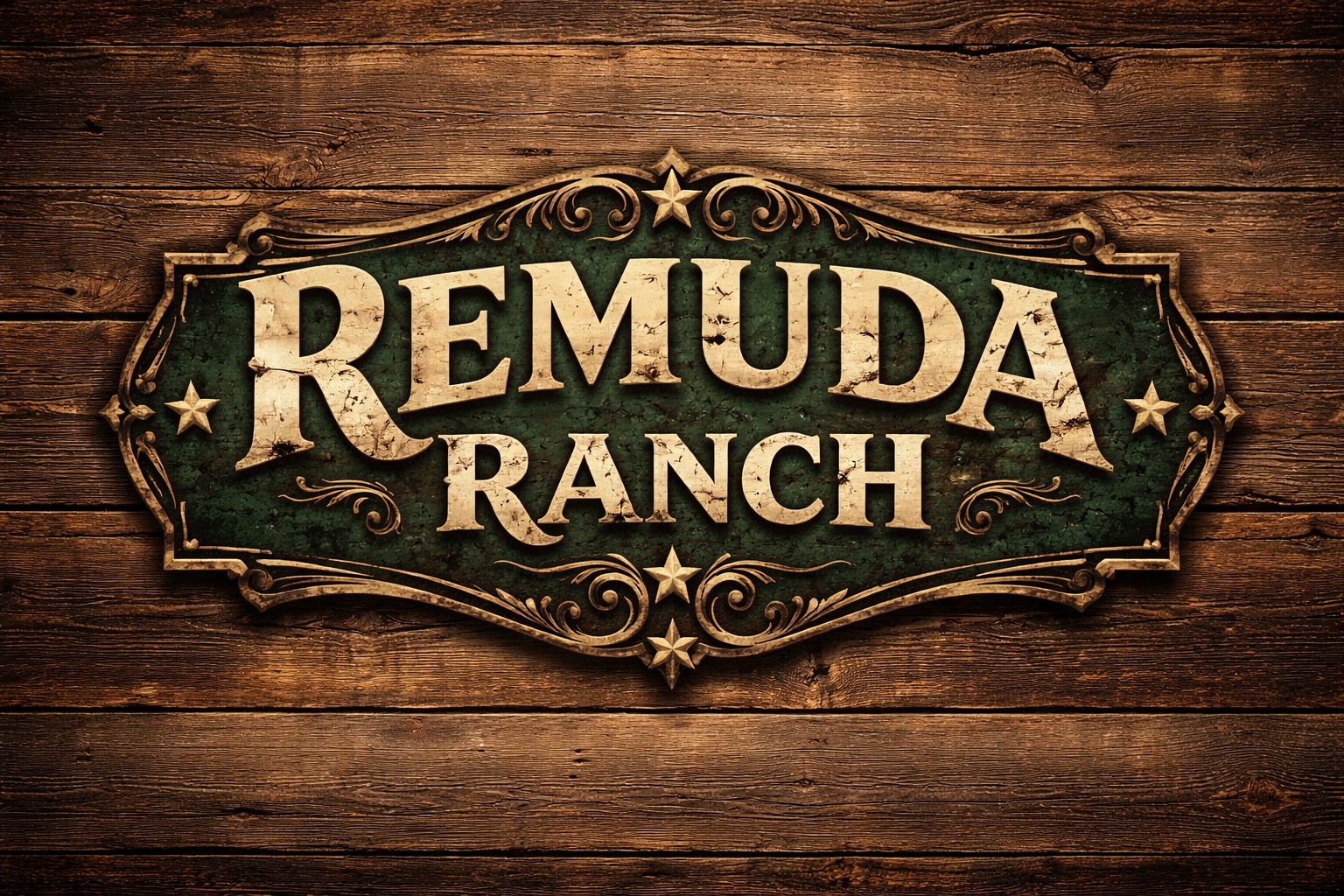 Sign with the words 'Remuda Ranch' on a wooden background, decorative elements around the text.