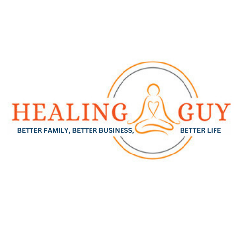 Logo with text 'Healing Guy' and a meditating figure inside a circle, with tagline below.