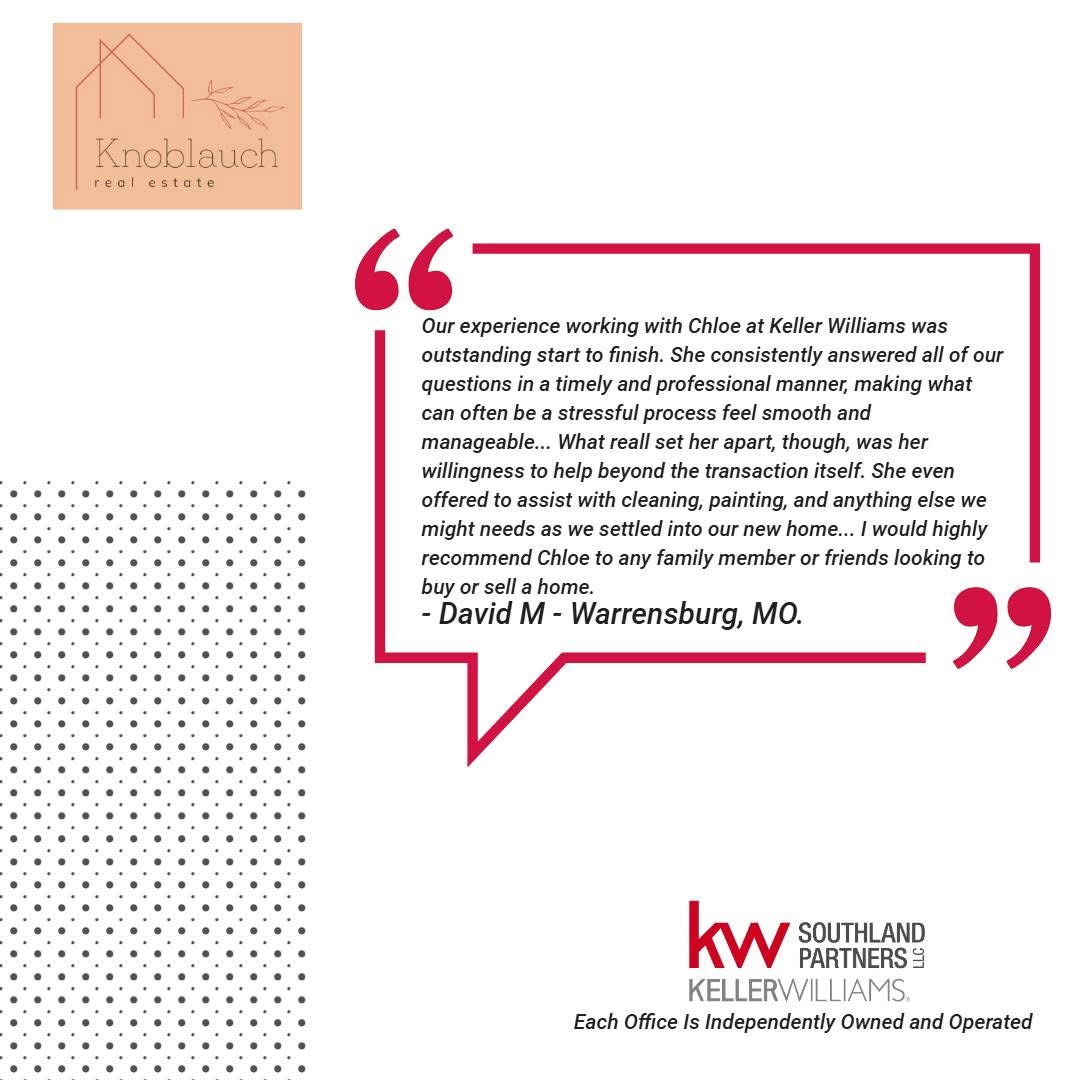 Testimonial quote about working with Keller Williams, with logo and contact information, on a light background.