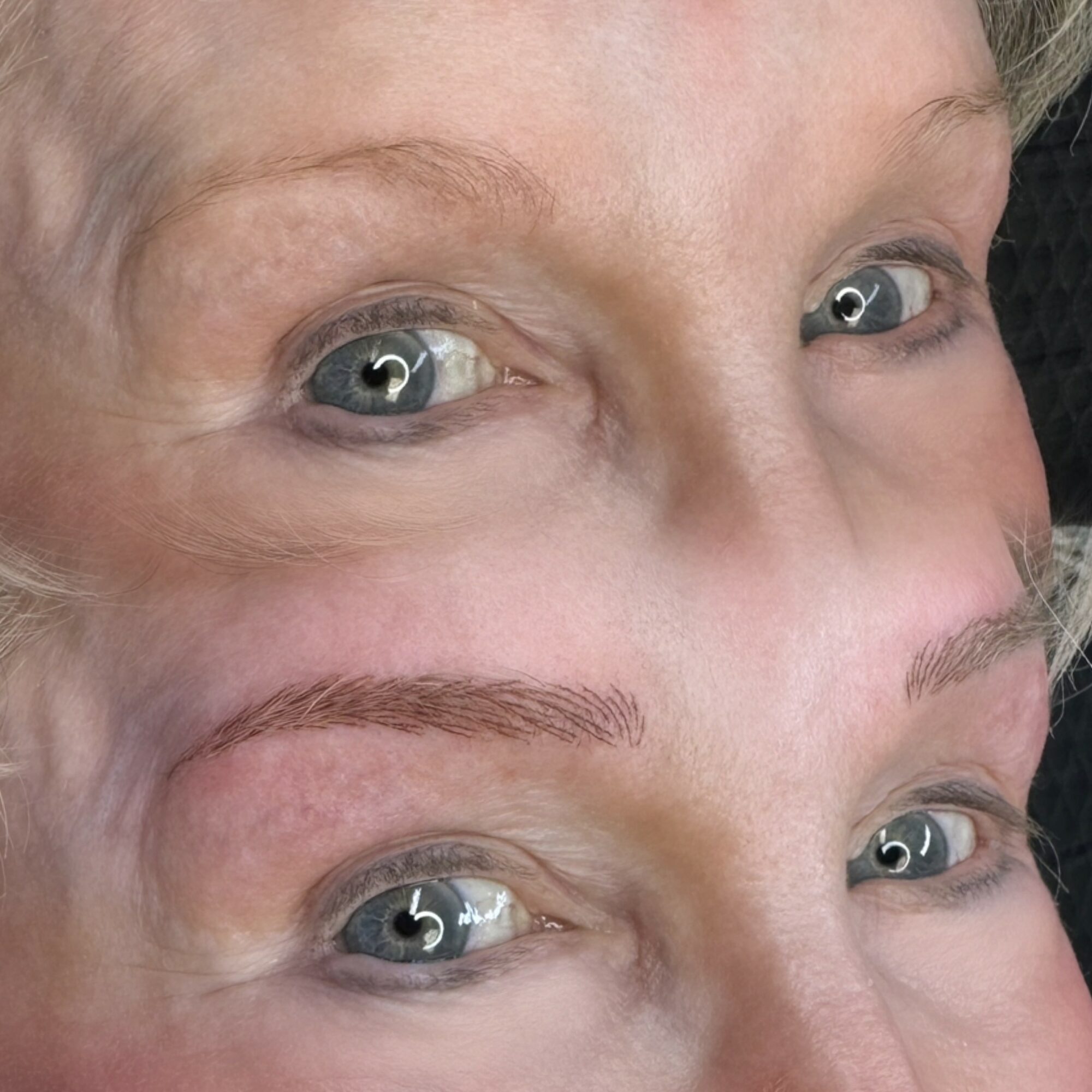 Close-up of a person's face showing before and after eyebrow enhancement, focusing on eye area and eyebrows.