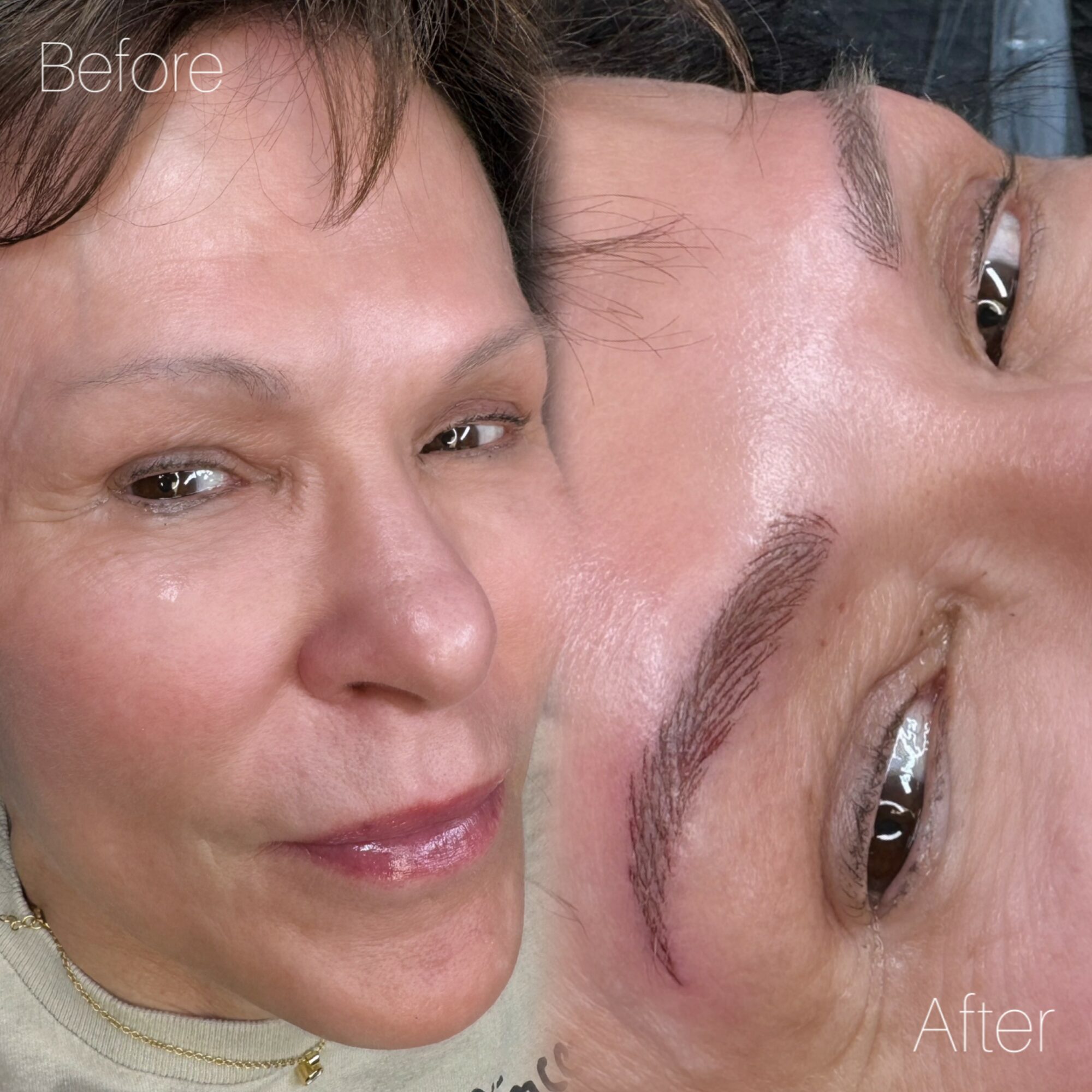 Close-up of a woman's face before and after eyebrow microblading, showing improved eyebrow shape and fullness.