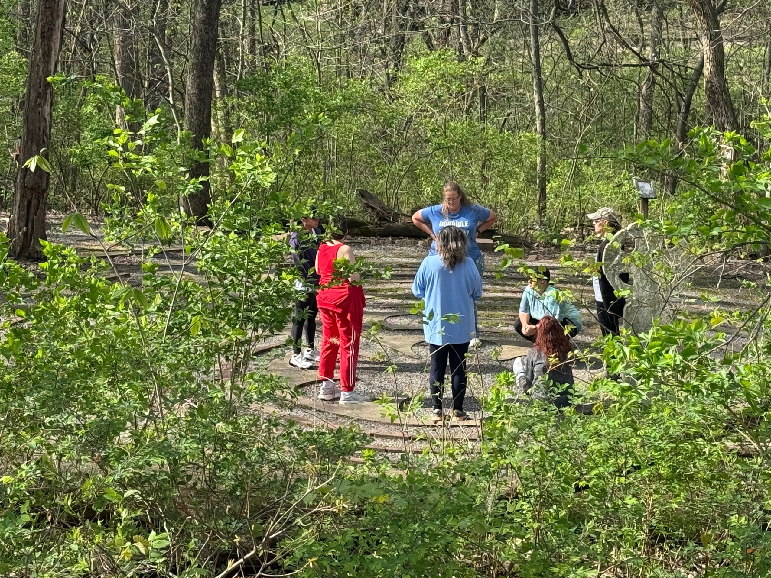 Group of people standing and sitting on a wooden bridge in a forested area with green foliage.