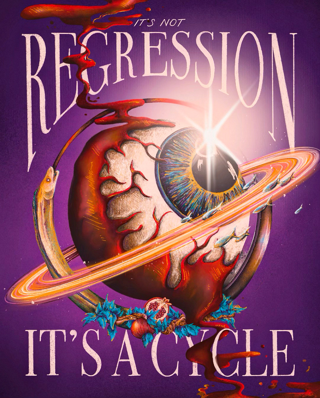 Illustration of a heart with a ring around it, planets, and a bright light, with text about regression and sacrifice.