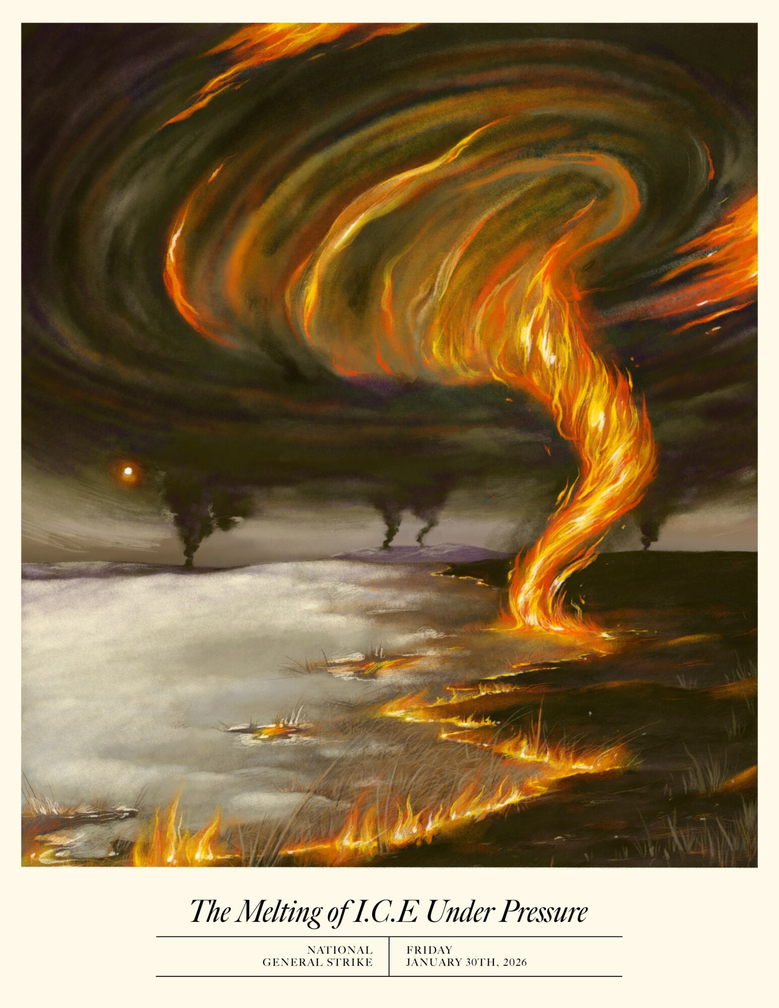 A fiery tornado with swirling flames and dark smoke over a landscape with trees and water, under a dark sky.
