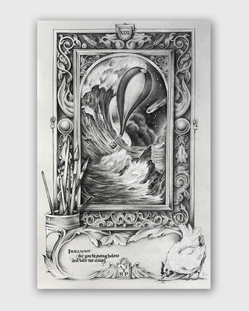 A detailed pencil drawing of a framed landscape with a swan, mountains, and water, with art supplies and a palette nearby.