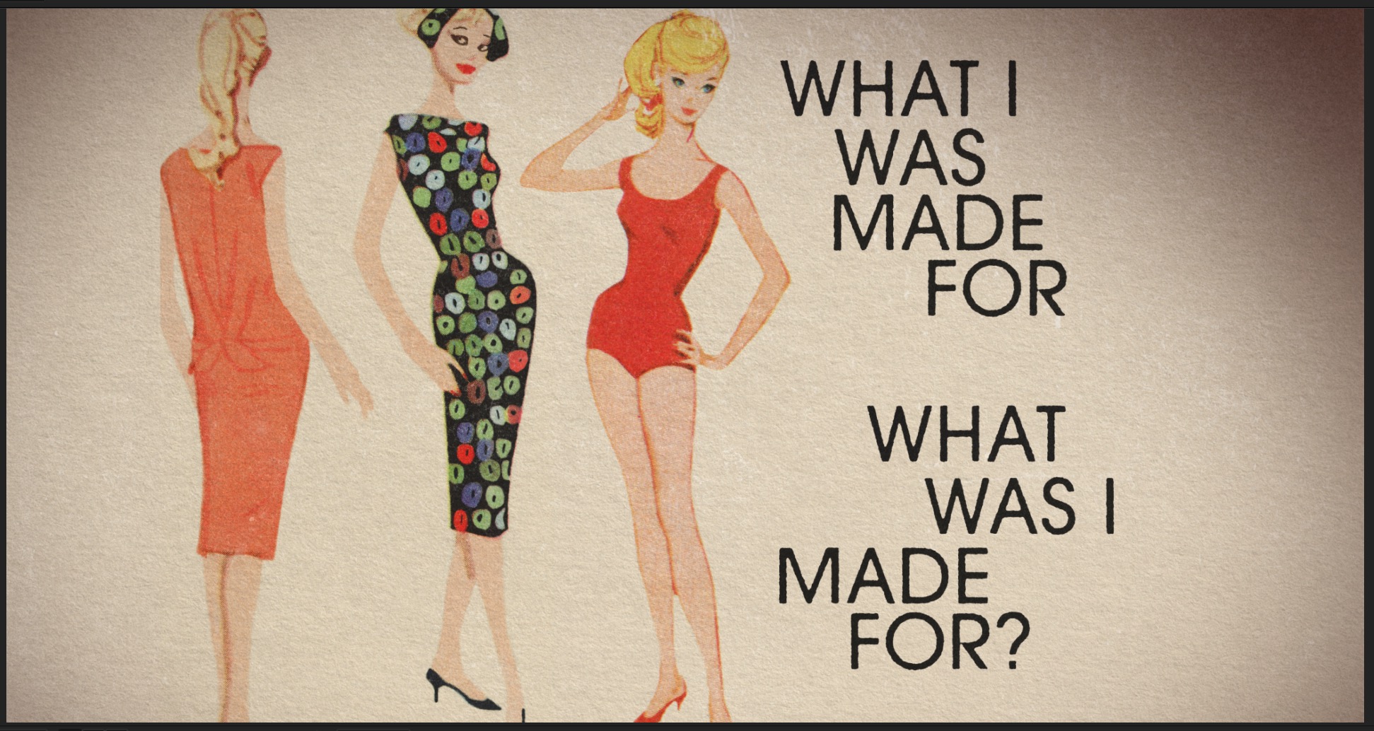 Three women in vintage-style dresses and a text quote about fashion and purpose.