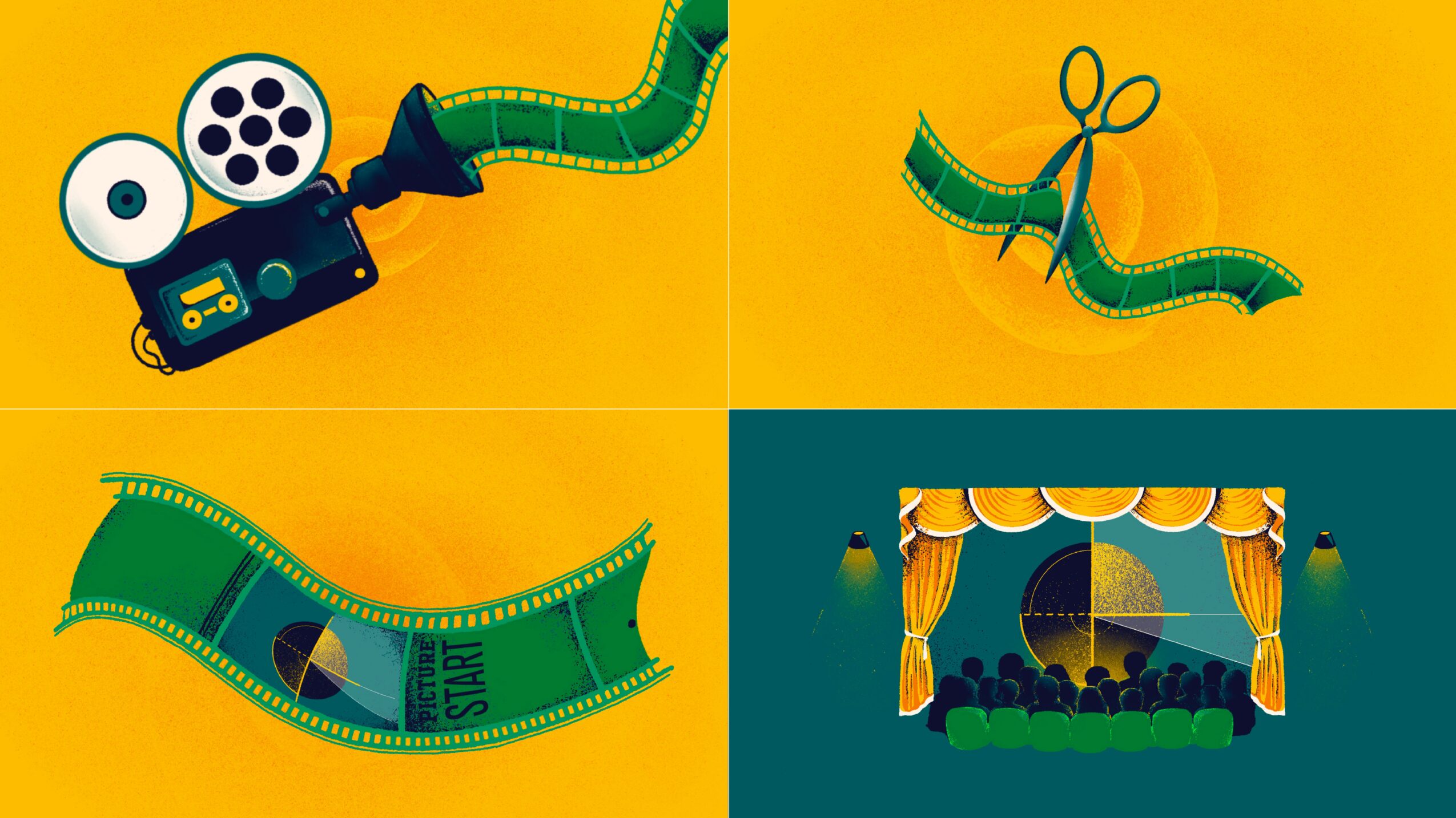 Film reel, film strip, and stage with curtains on yellow background.