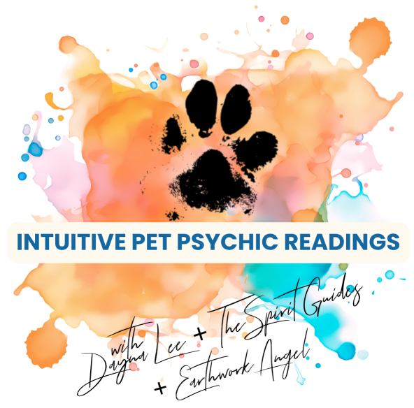 Colorful watercolor splash with a black paw print and text about pet psychic readings.