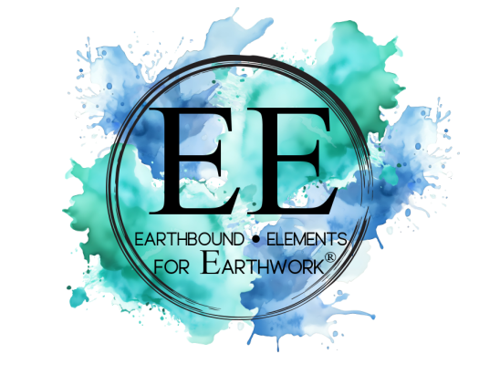 Colorful watercolor splash with text 'Earthbound Elements for Earthwork' inside a circle.