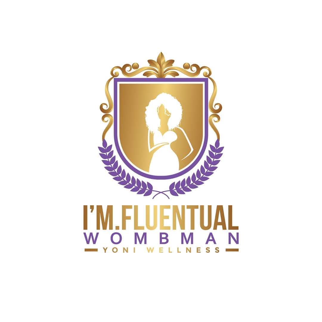 Logo with a silhouette of a pregnant woman inside a shield, surrounded by purple laurel leaves, with text below.
