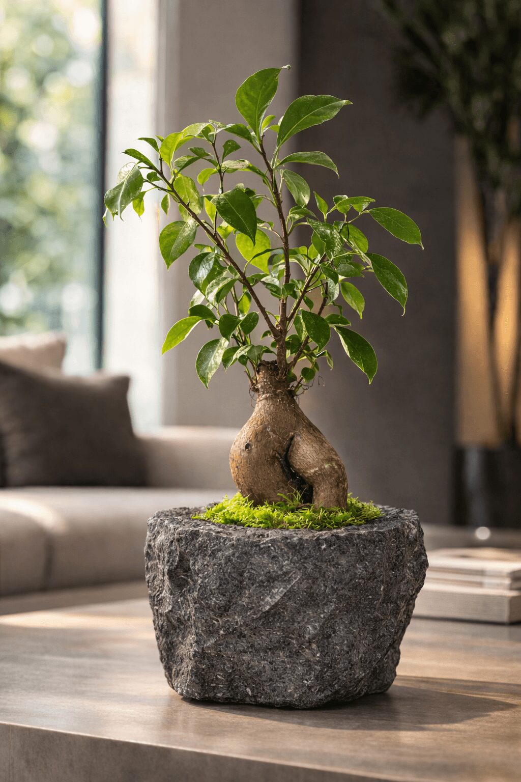Potted plant with green leaves and thick trunk on a stone container indoors.