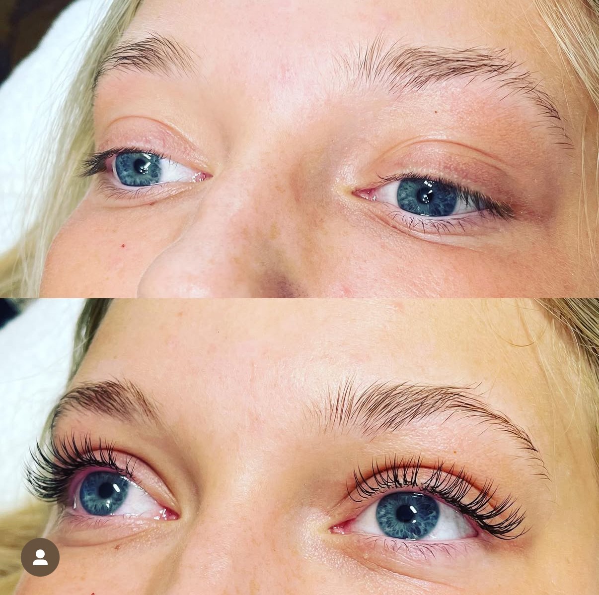 Close-up of a person's eyes before and after eyelash extension application, showing increased length and curl in the lower image.