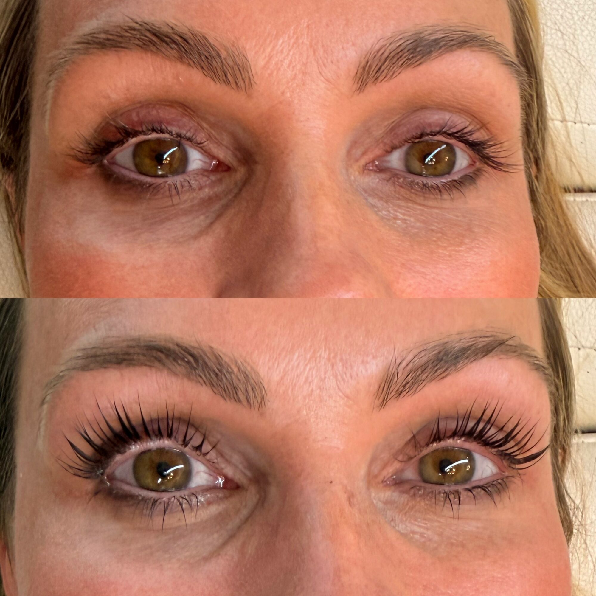 Close-up of a woman's face before and after eyelash enhancement, showing improved eyelash length and curl.