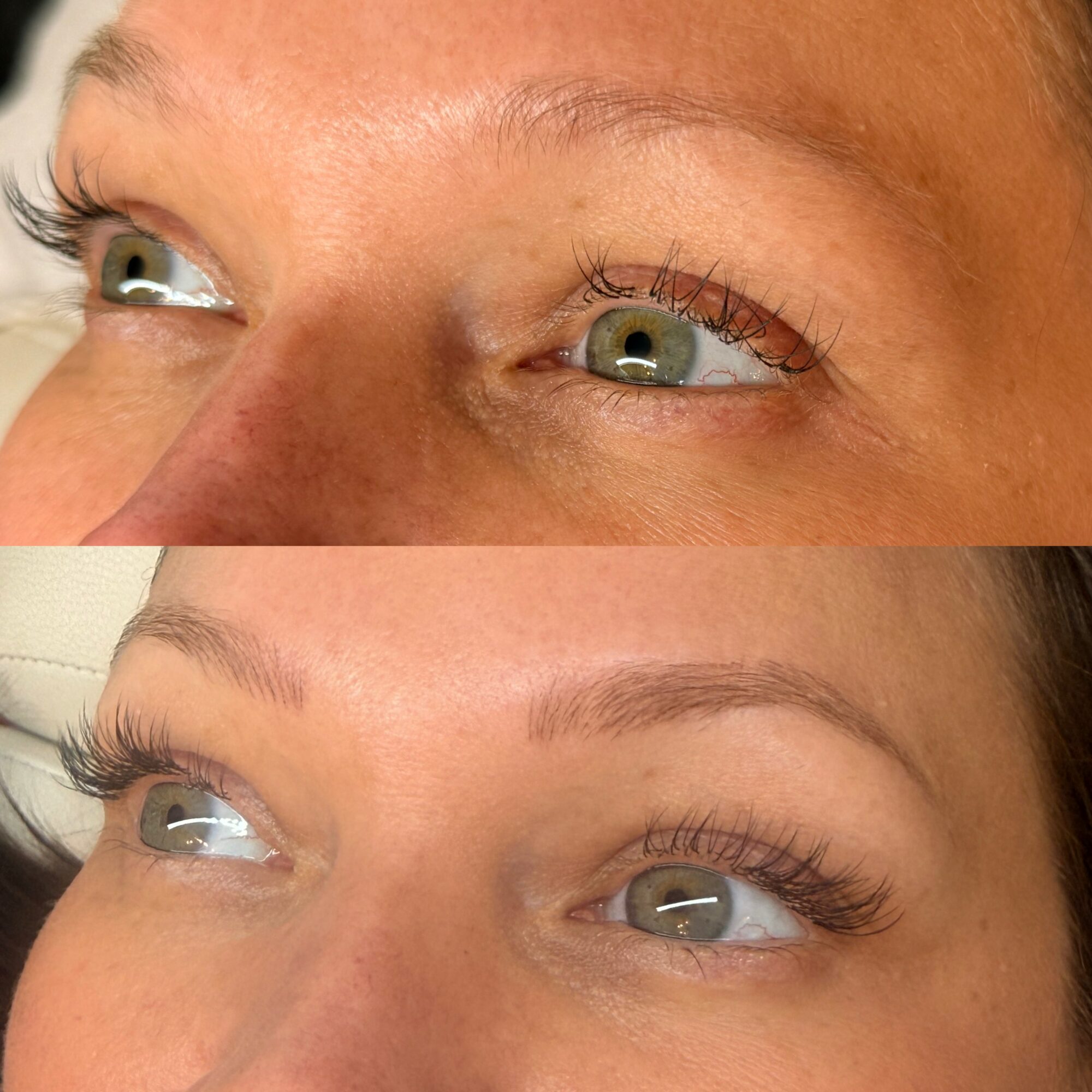 Close-up of a person's eyes and eyebrows before and after cosmetic eyebrow enhancement, showing improved shape and fullness.