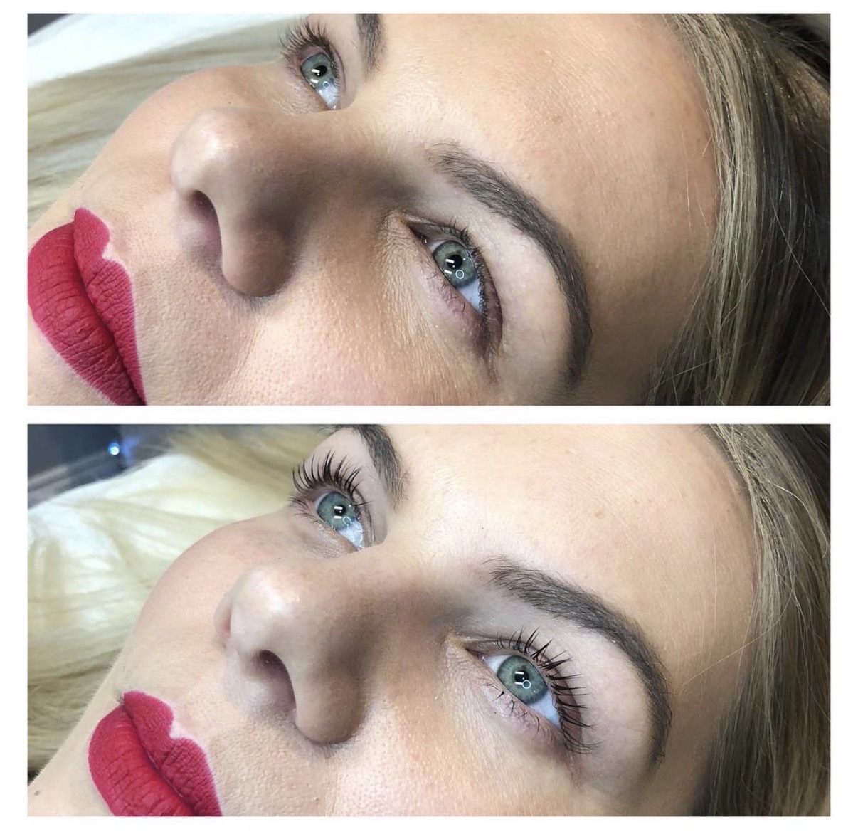 Close-up of a woman's face with blue eyes and red lipstick, shown in two rotated images, one upside down and one upright.