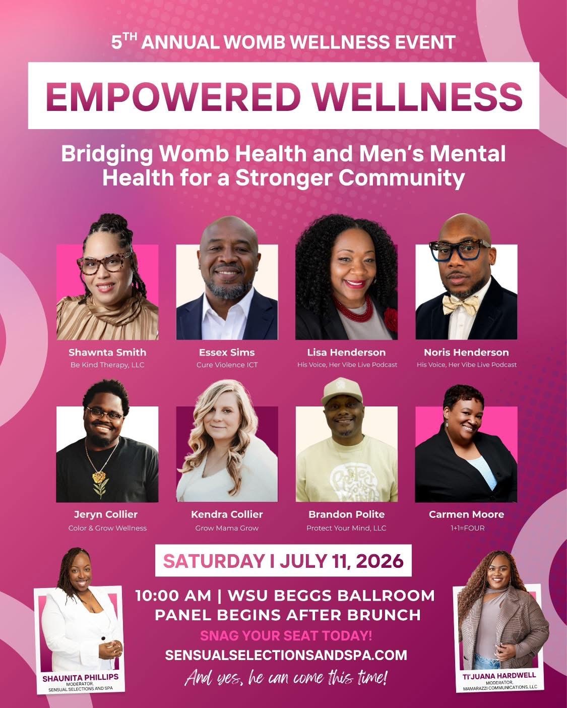 Event poster for WOMB Wellness event with photos of eight speakers, date, time, and location details, pink background.