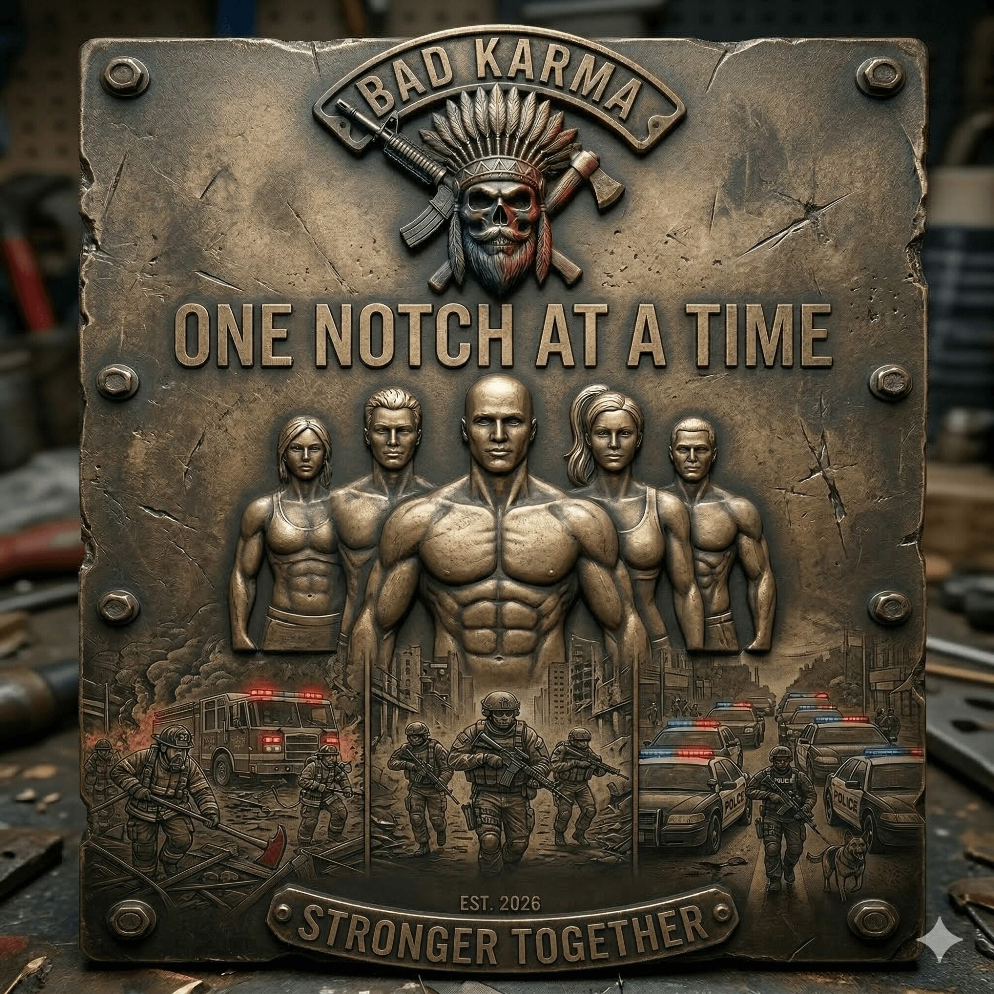 Metal plaque with skull, armed soldiers, and police cars, featuring text: 'Bad Karma', 'One Notch at a Time', 'Stronger Together'.