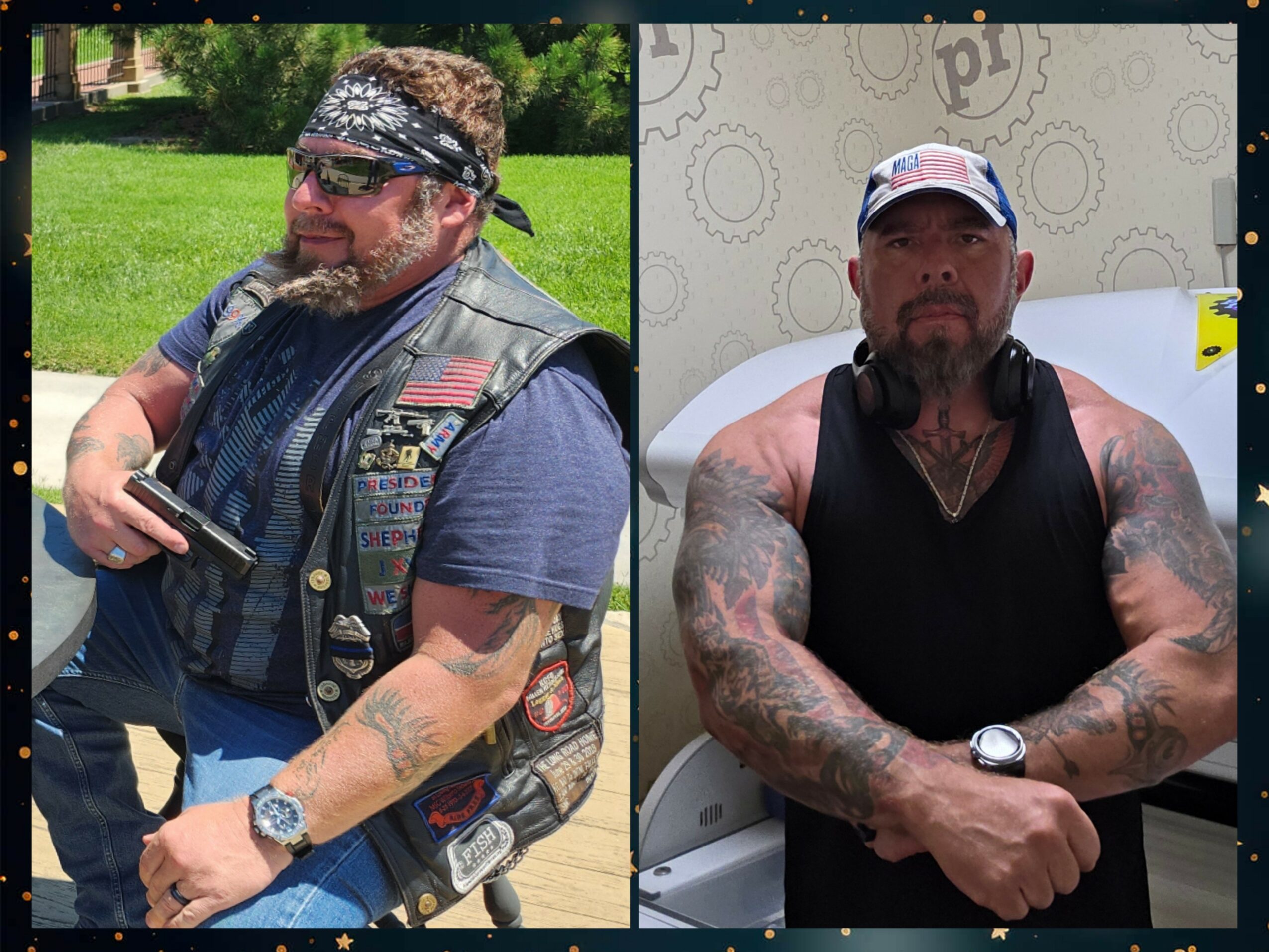 Two men with tattoos, one wearing sunglasses and a bandana, the other in a black tank top with tattoos on arms, sitting indoors.