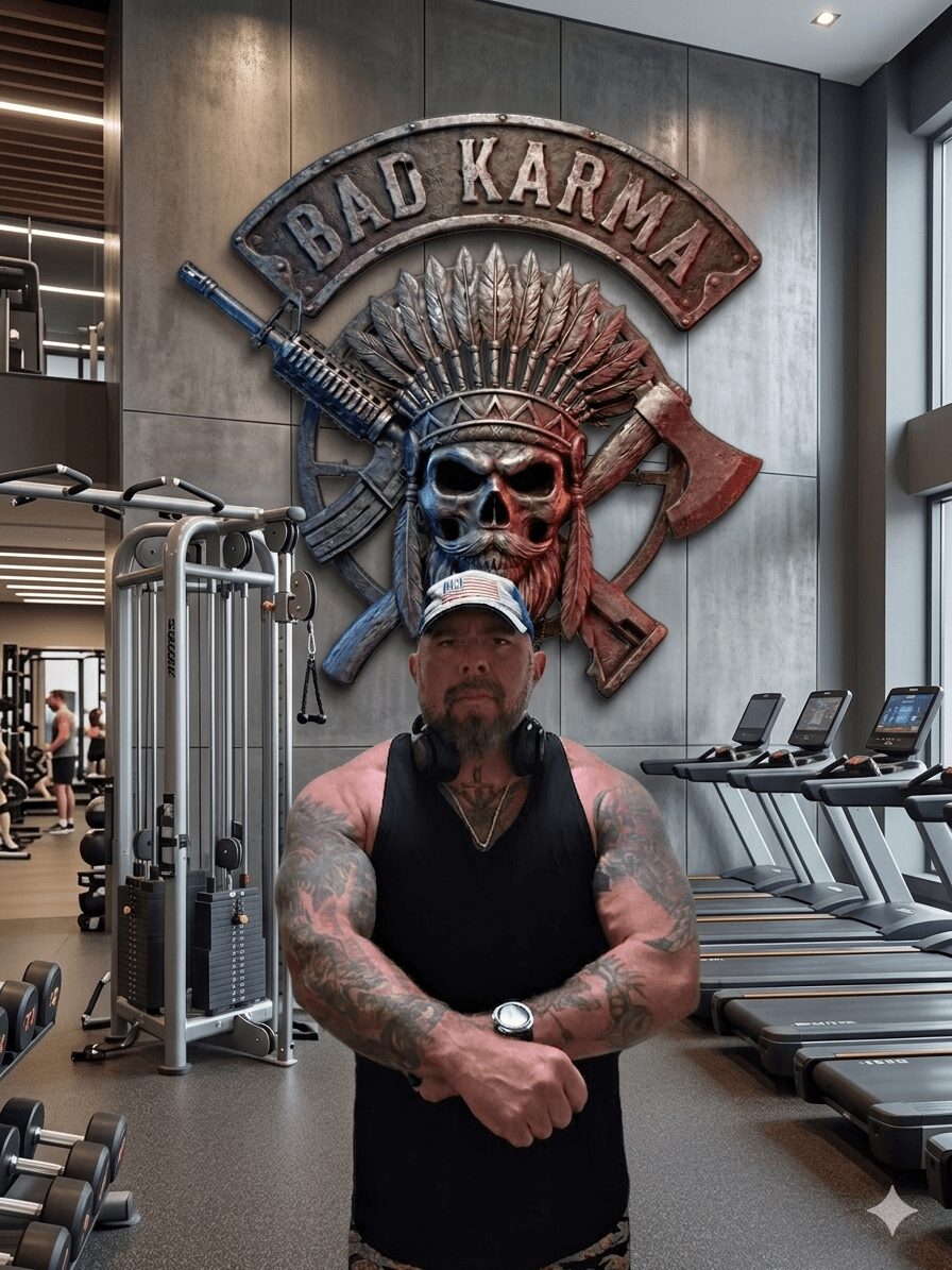 Man with tattoos and a cap standing in gym with a skull and weapon mural behind him.