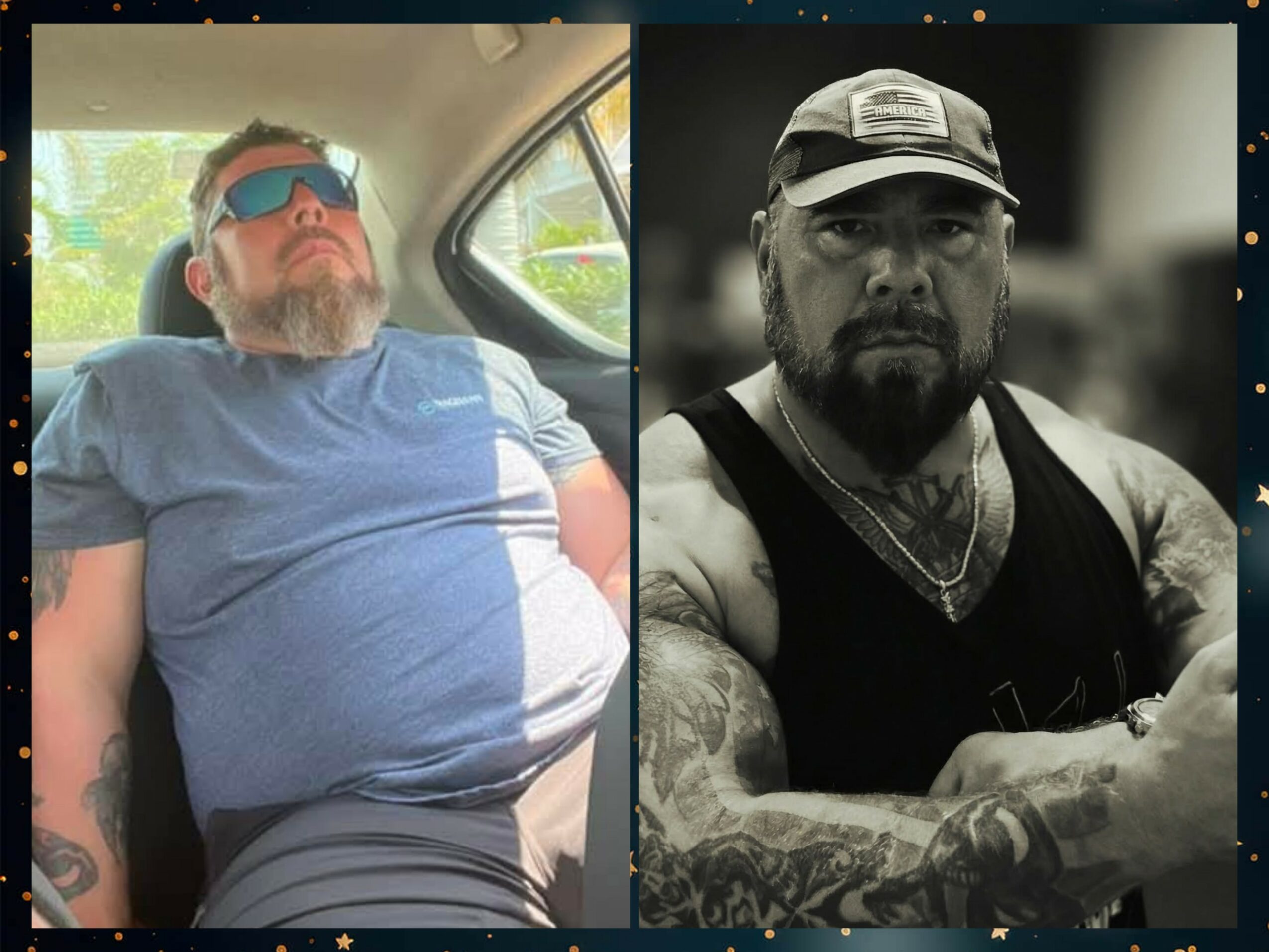 Two men, one with sunglasses and beard, sitting in a car; the other with a cap, tattoos, and a serious expression.