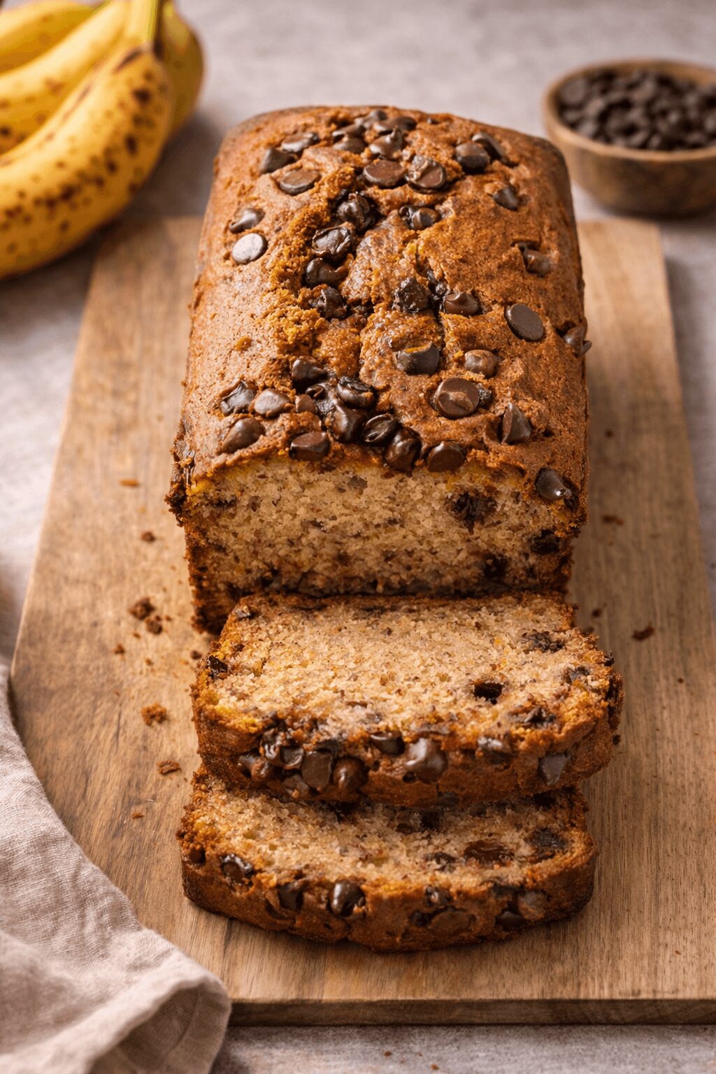Banana bread with chocolate chips on a wooden cutting board, sliced to show moist interior, with bananas and a bowl of chocolate chips nearby.