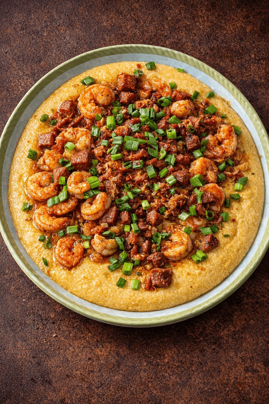 Bowl of creamy polenta topped with shrimp, ground meat, and chopped green onions, on a dark surface.