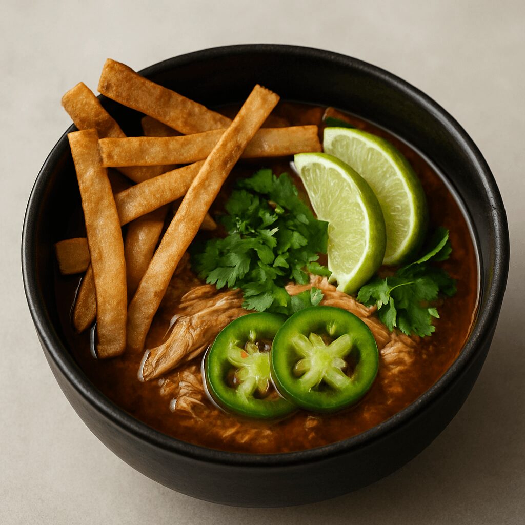 Bowl of soup with French fries, lime wedges, jalapeño slices, cilantro, and shredded chicken, on a light surface.
